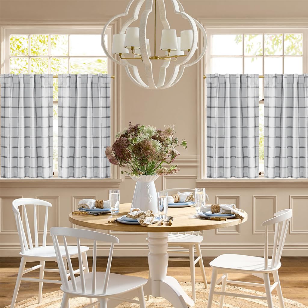 NICETOWN White Buffalo Windowpane Plaid Cafe 100% Blackout Curtains 36 Inch Length, Farmhouse Rustic Checkered Half Window Tier Curtain for Kitchen Bathroom, 26" W x 36" L, 2 Panels