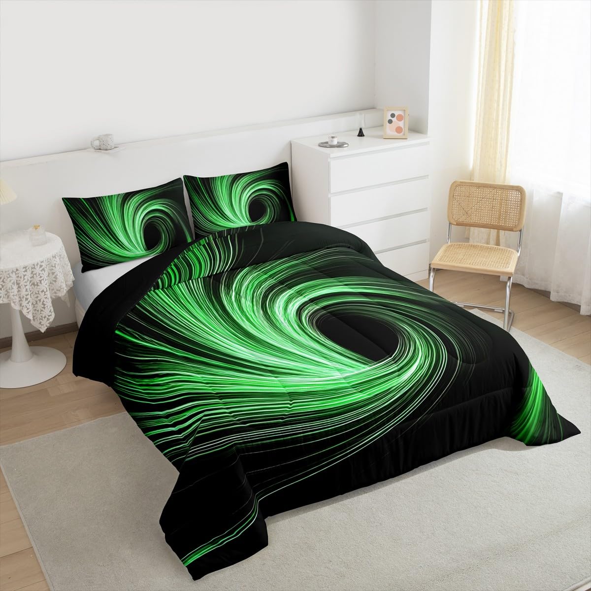 Erosebridal Green Black Kids Comforter Sets Black Hole Abstract Geometric King Bedding Set for Boys Girls Modern Circle Swirl Striped Comforter Set,Fashion Geometric Stripes Line Quilt Duvet 3 Pcs