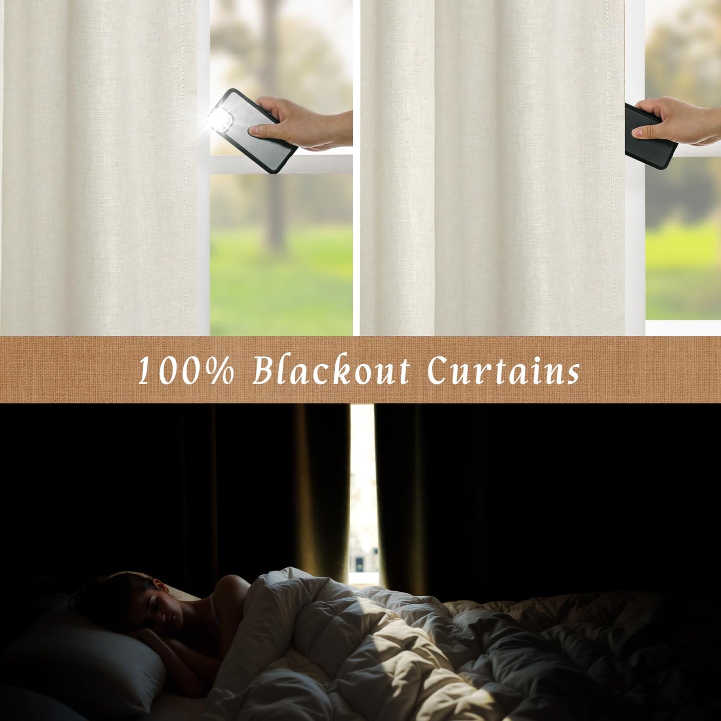 LAMIT 100% Blackout Natural Polyester Curtains, 63 Inches Linen Textured Thermal Bedroom Curtains Back Tab and Rod Pocket Neutral Panels with White Liner for Farmhouse, 2 Panels, 52 x 63 Inch, Ivory