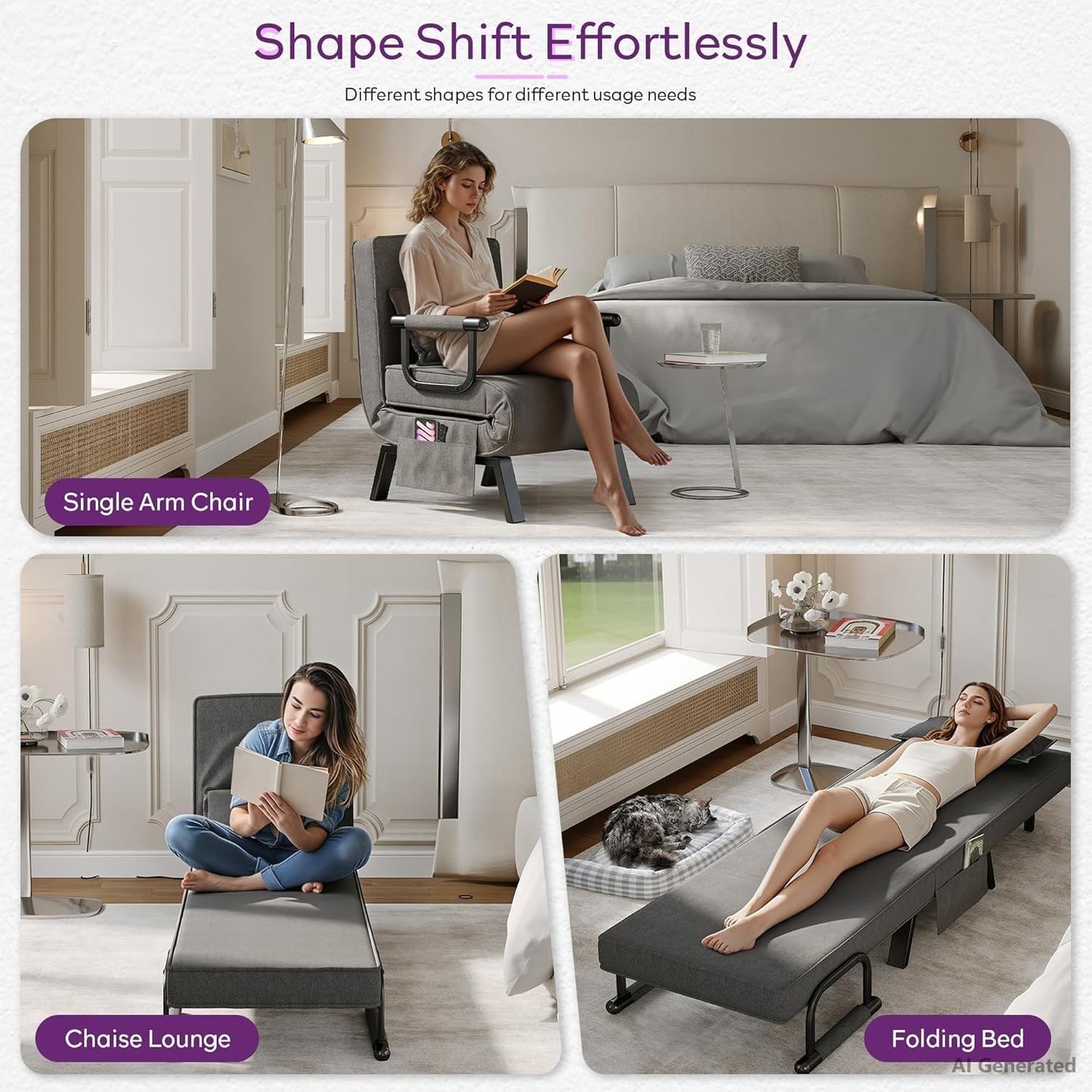TYBOATLE Sleep Chair Bed, Comfy Convertible Sleeper Chairs for Adults, 5 in 1 Folding Sofa Bed with Adjustable Backrest & Side Pockets & Pillow, Cozy Small Couch for Small Spaces, Office (Dark Grey)