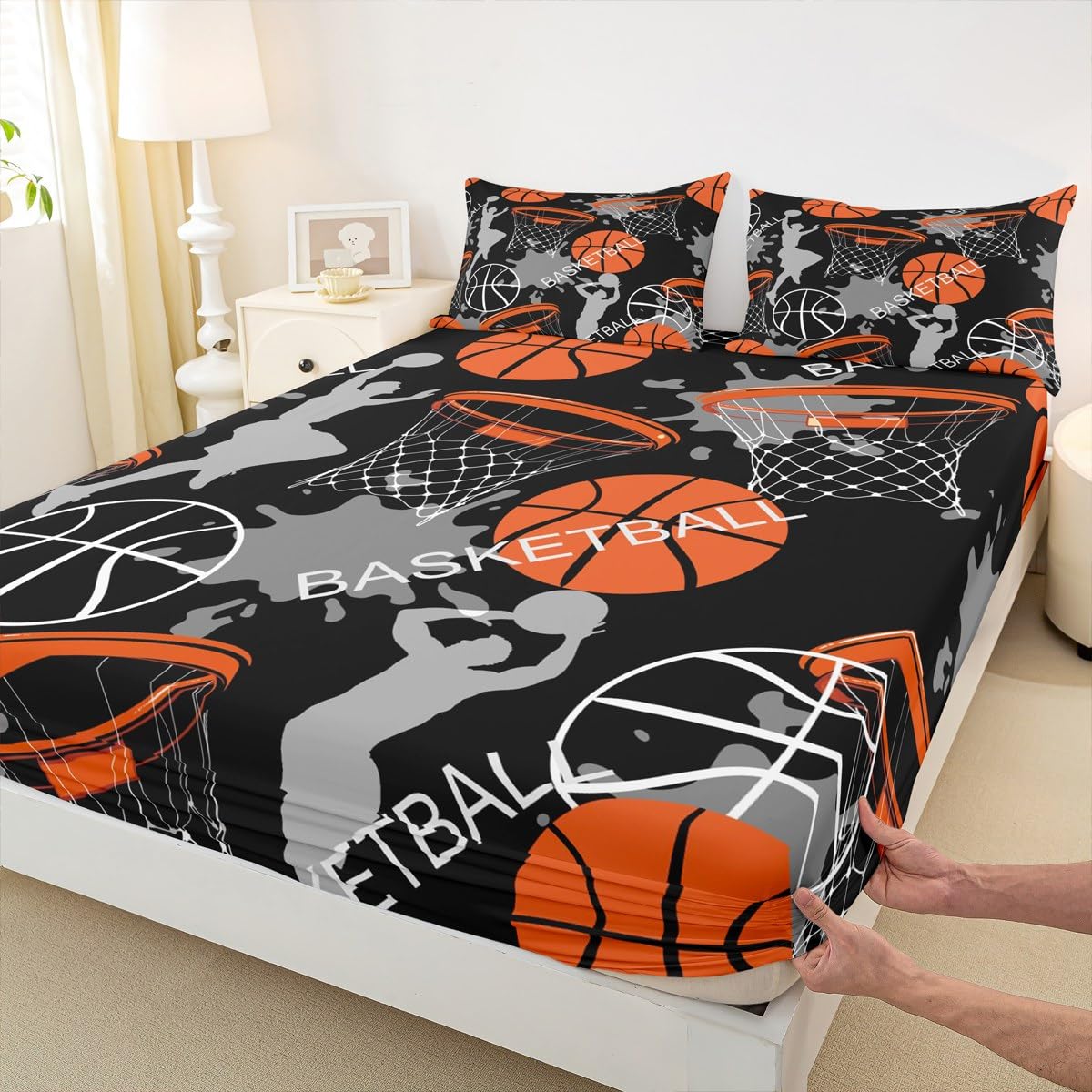 Feelyou Basketball Fitted Sheet for Kids Boys Girls Teens Sport Theme 3D Basketball Star Bed Sheet Set Skin-Friendly Microfiber Bed Cover Decor 3Pcs Bedding Set with 2 Pillowcases Full