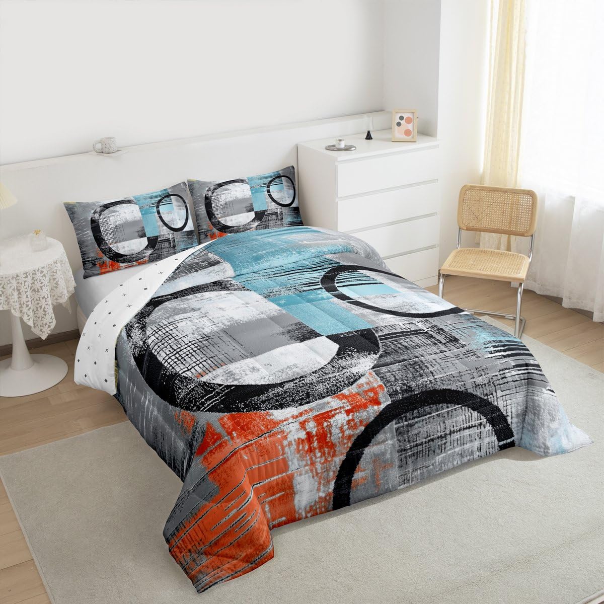 Feelyou Abstract Bedding Set Soft Modern Abstract Art Comforter Set Full Size Geometric Duvet Quilt Luxury Bedroom Decor Orange Blue 3 Pcs with 2 Pillow Cases