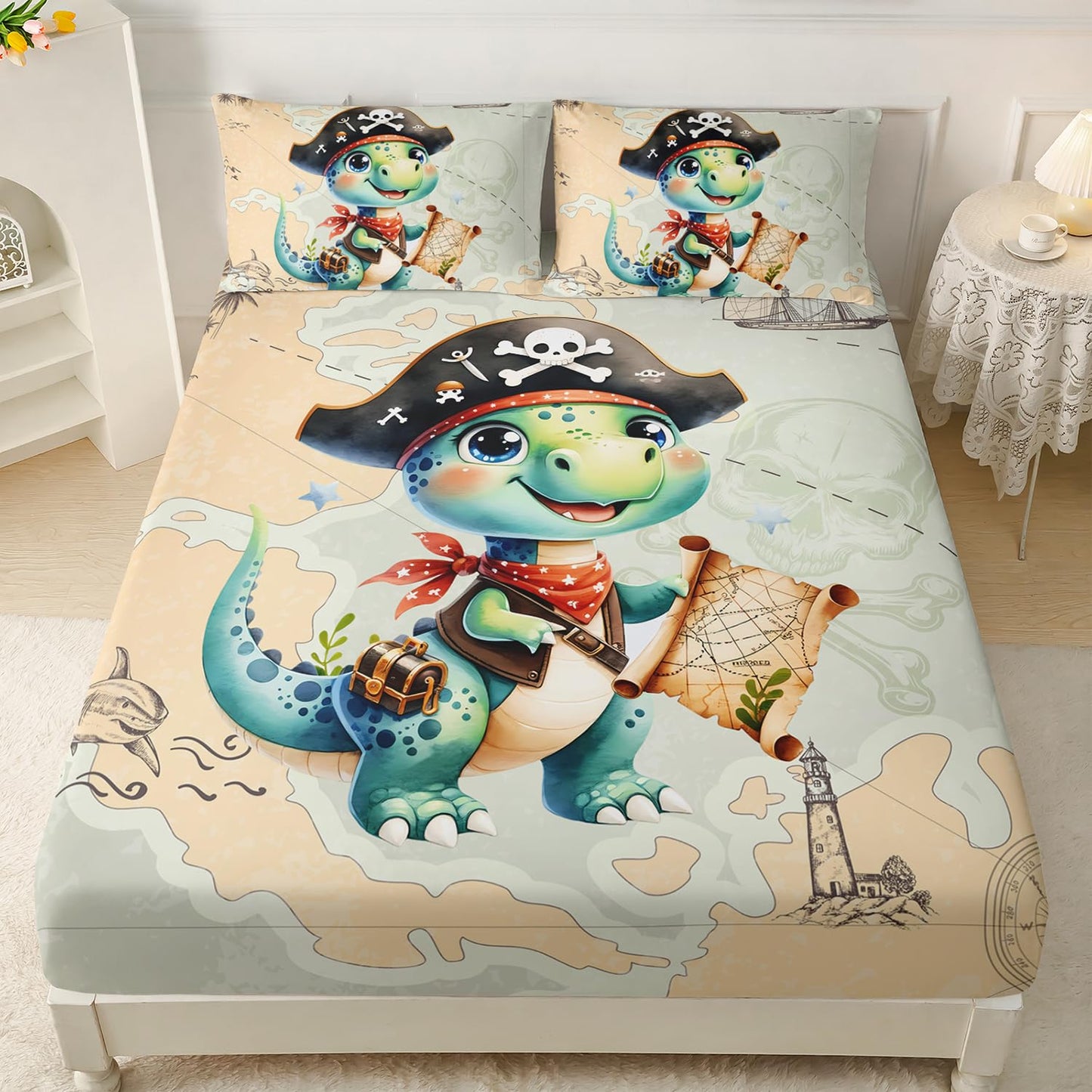 AILONEN Cute Dinosaur Fitted Sheet Set, Twin XL Size, Ocean Map Nautical Pirate Bed Sheet Set, Boys Exploring Captain Dinosaur Fitted Sheet with 2 Pillowcases