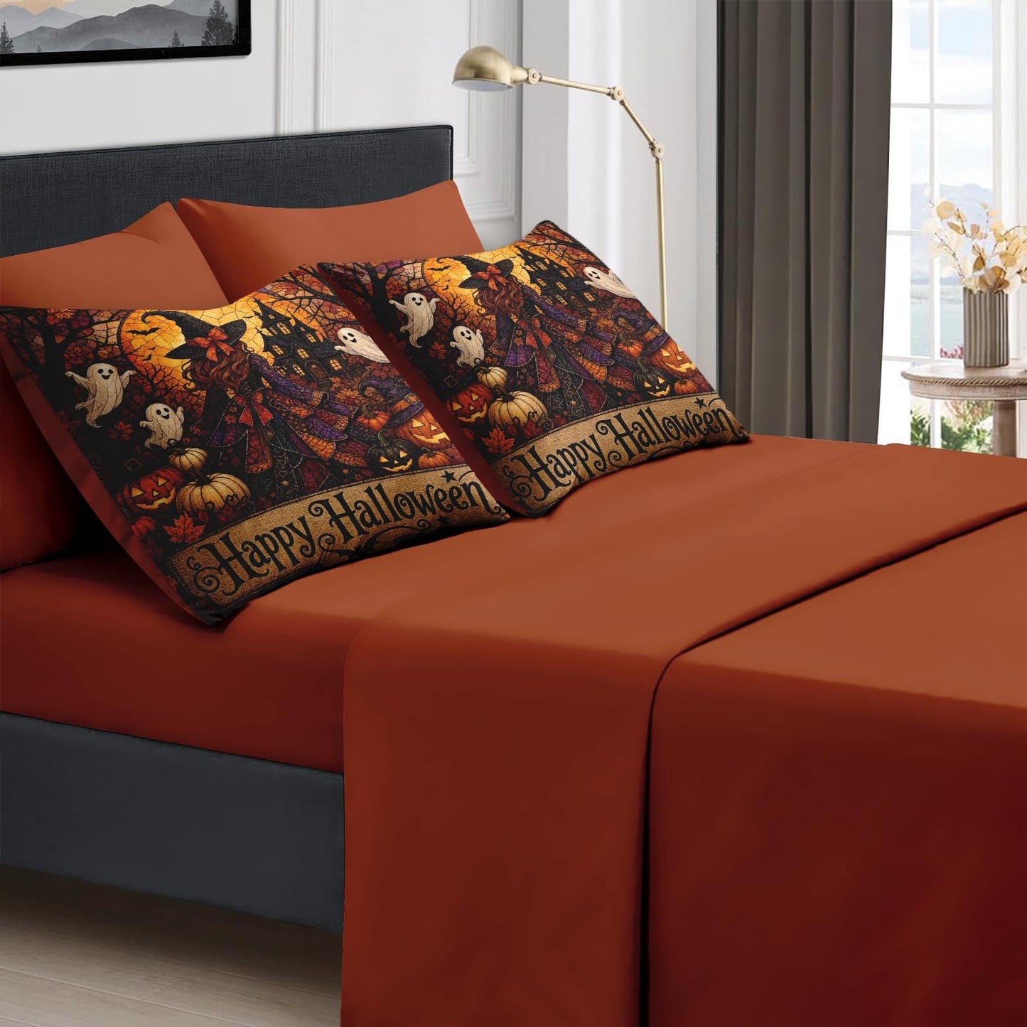 Boewywh Comforter Set Twin Size Halloween Witch Ghost 7 Pcs, Bedding for Kids and Adults, Bed Sheet Sets with Fitted Sheet 2 Pillowcases & 2 Shams for Bedroom Bed Decor