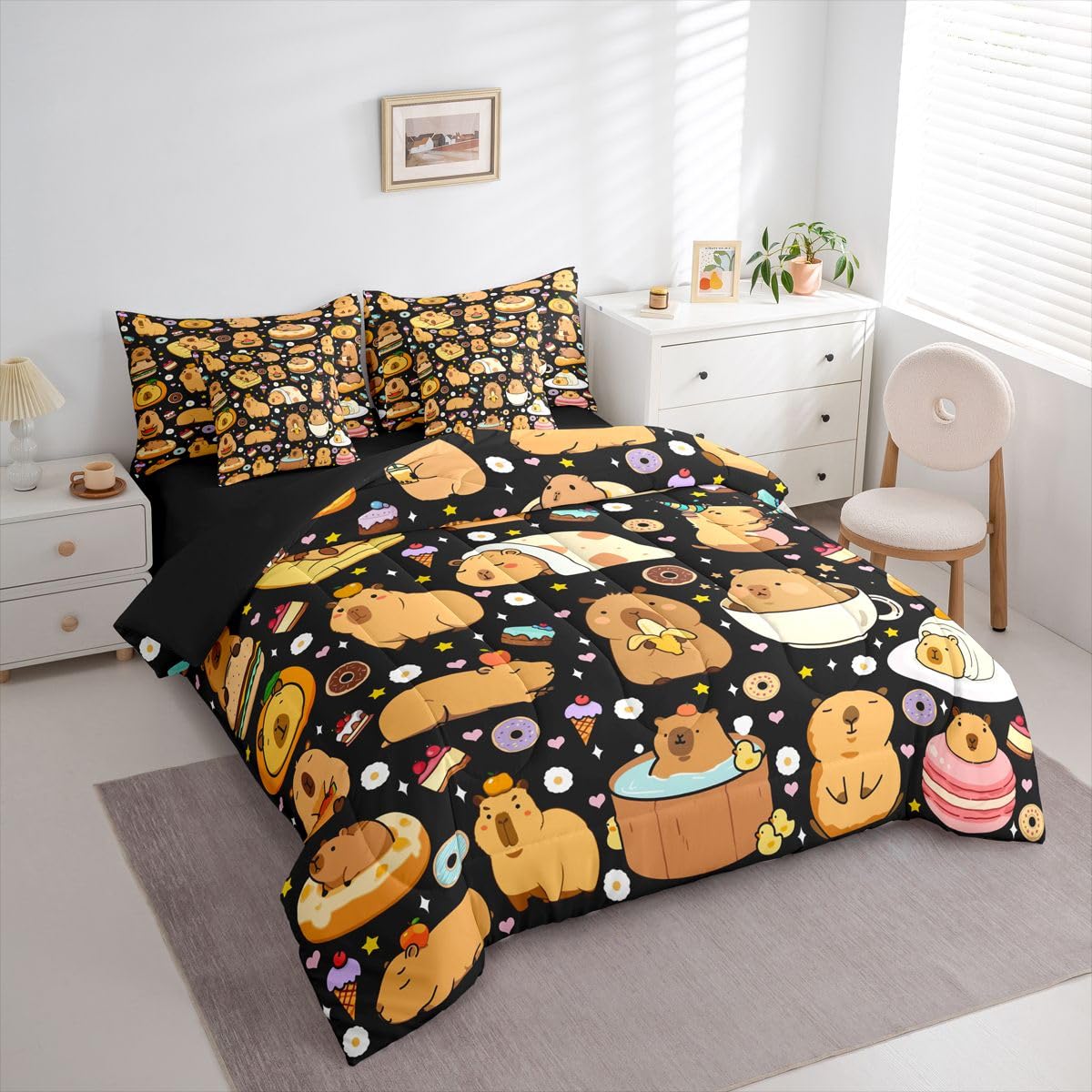 Funny Capybaras 7 Pieces Bedding Set Twin Size,Capybara Lover Bed in a Bag,Cute Rodent Animal Bed Set Includes Comforter,Sheet Set,Pillowcases & Pillow Covers,Kawaii Animals Yummy Foods Bedroom Decor