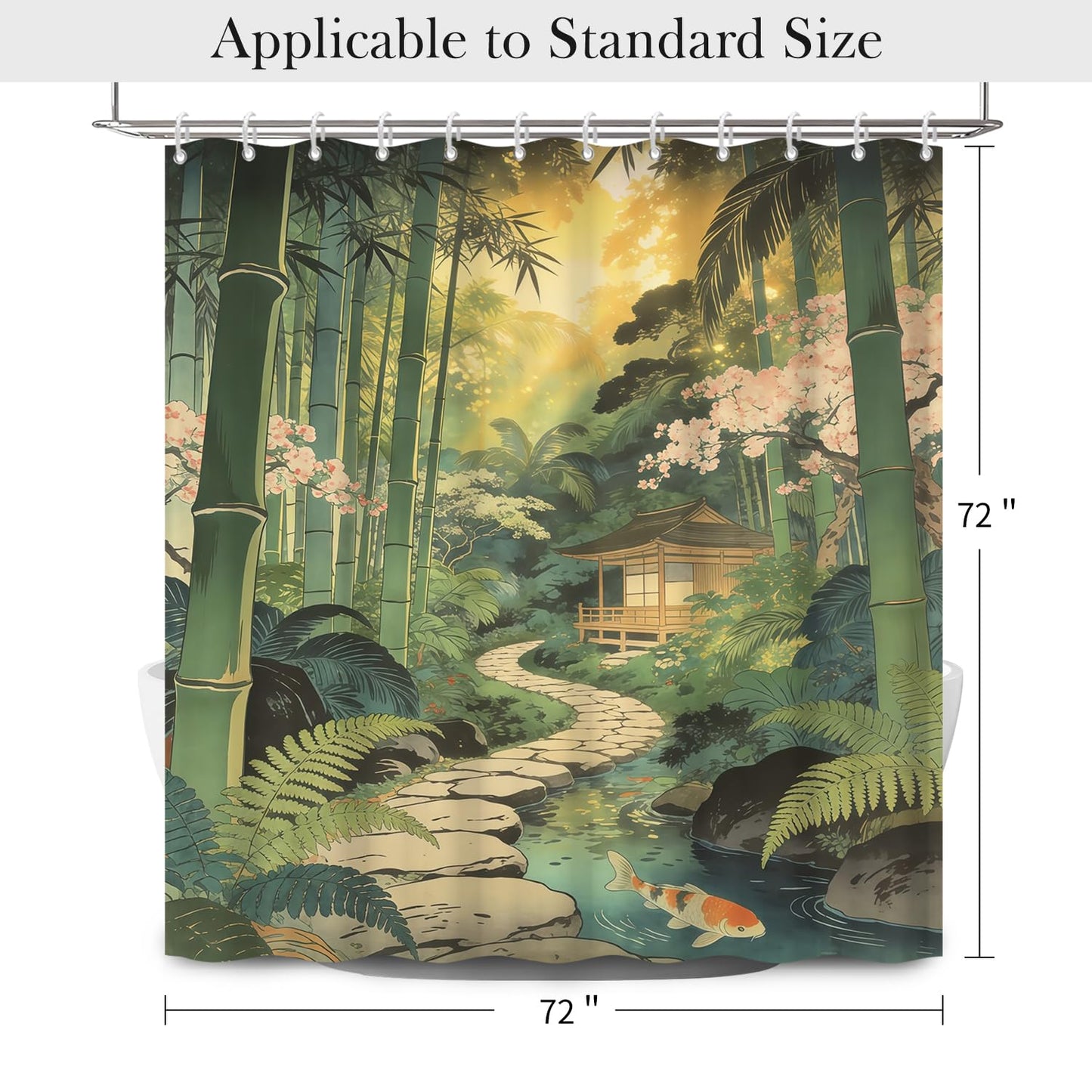NAEMBI Zen Japanese Garden Shower Curtain 72x72 Inch - Bamboo Forest & Koi Fish Nature Print Waterproof Fabric Bath Curtain with Rust-Proof Hooks, Tranquil Spa Bathroom Curtain for Standard Tubs