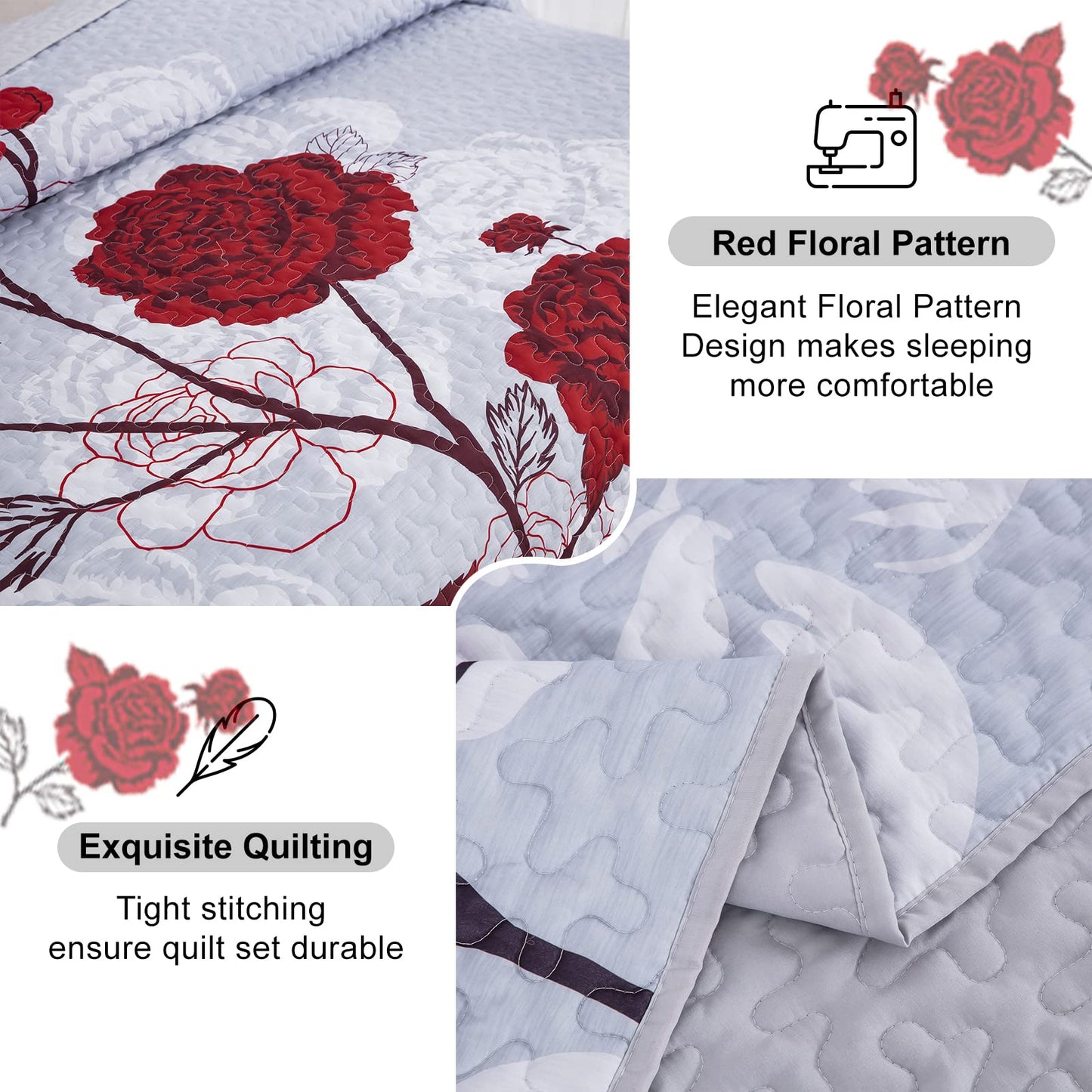 Anibedding Floral Quilt Set King Size,Elegant Red Floral Printed Bedspread Coverlet 3 Pieces Soft Microfiber Bedding Set with 2 Pillowcases for All Season(104"×90")