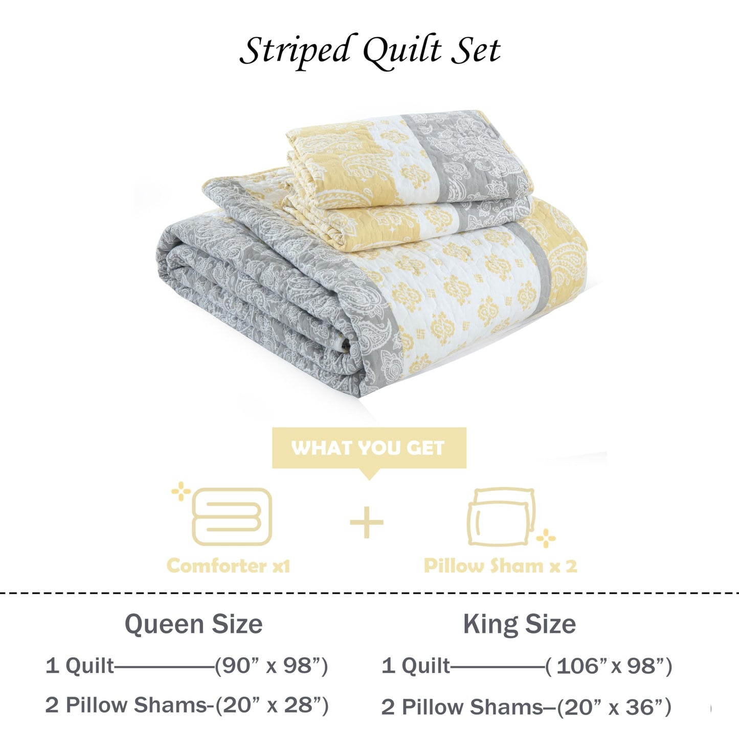 AJOCCI Yellow Quilts Queen Size, Paisley Comforter Set Queen Cotton Bed, Yellow Grey White Comforter, Striped Bedding Queen Size, Lightweight Luxury Bedspread,3 Piece