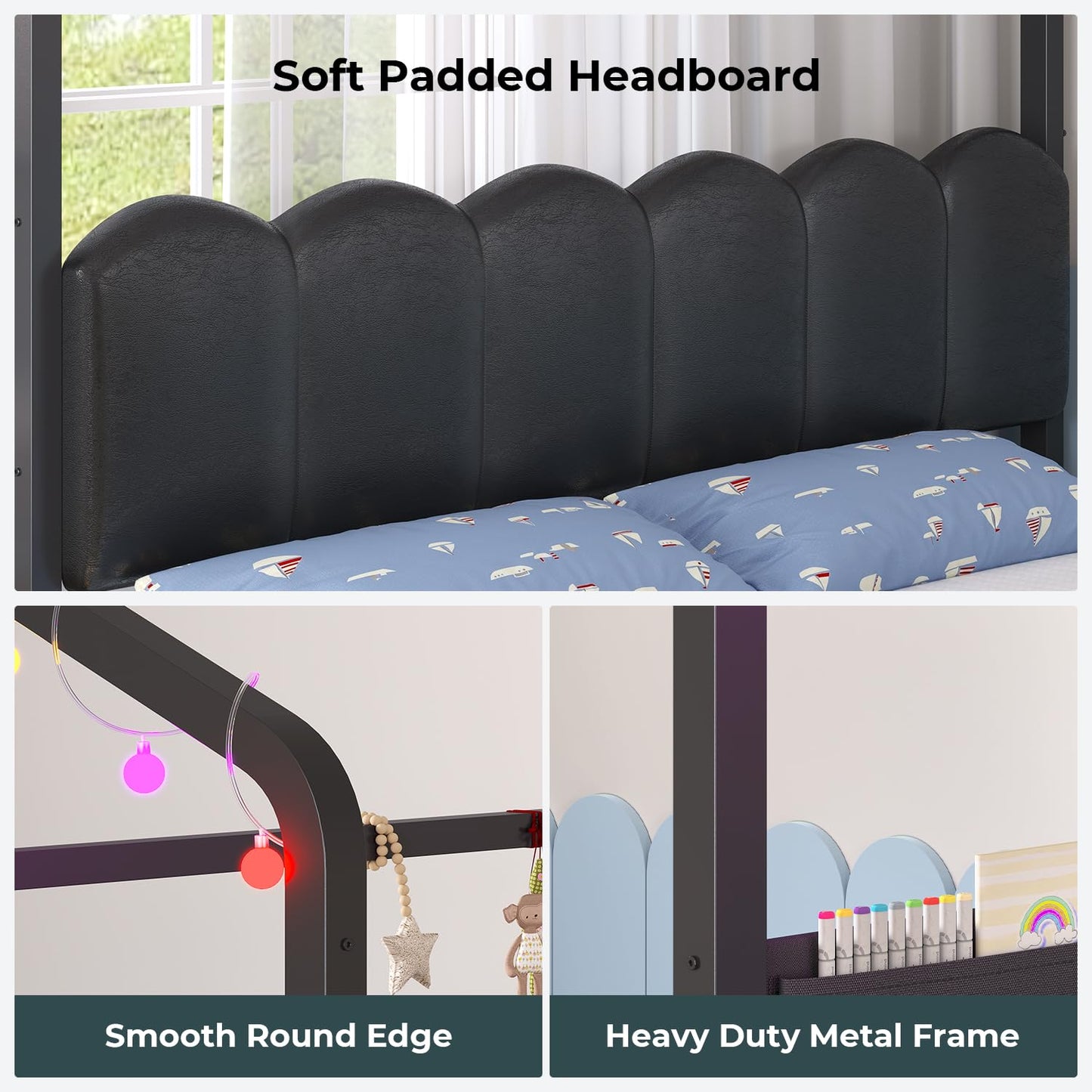 ADORNEVE House Bed with Desk,Full Kids Bed with Globe String Lights,Black