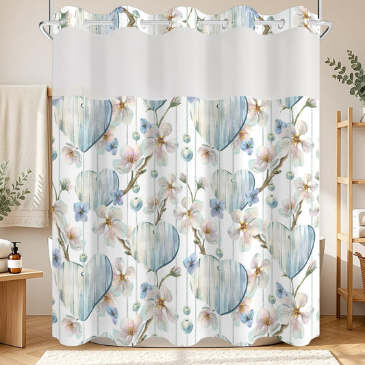 No Hook Shower Curtain with Snap in Liner Set, Boho Cottage core Neutral Pastel Floral Pattern Decorative Waterproof Fabric Shower Curtain for College Dorm Hotel Apartment Bathroom Bathtub, 71x74 Inch