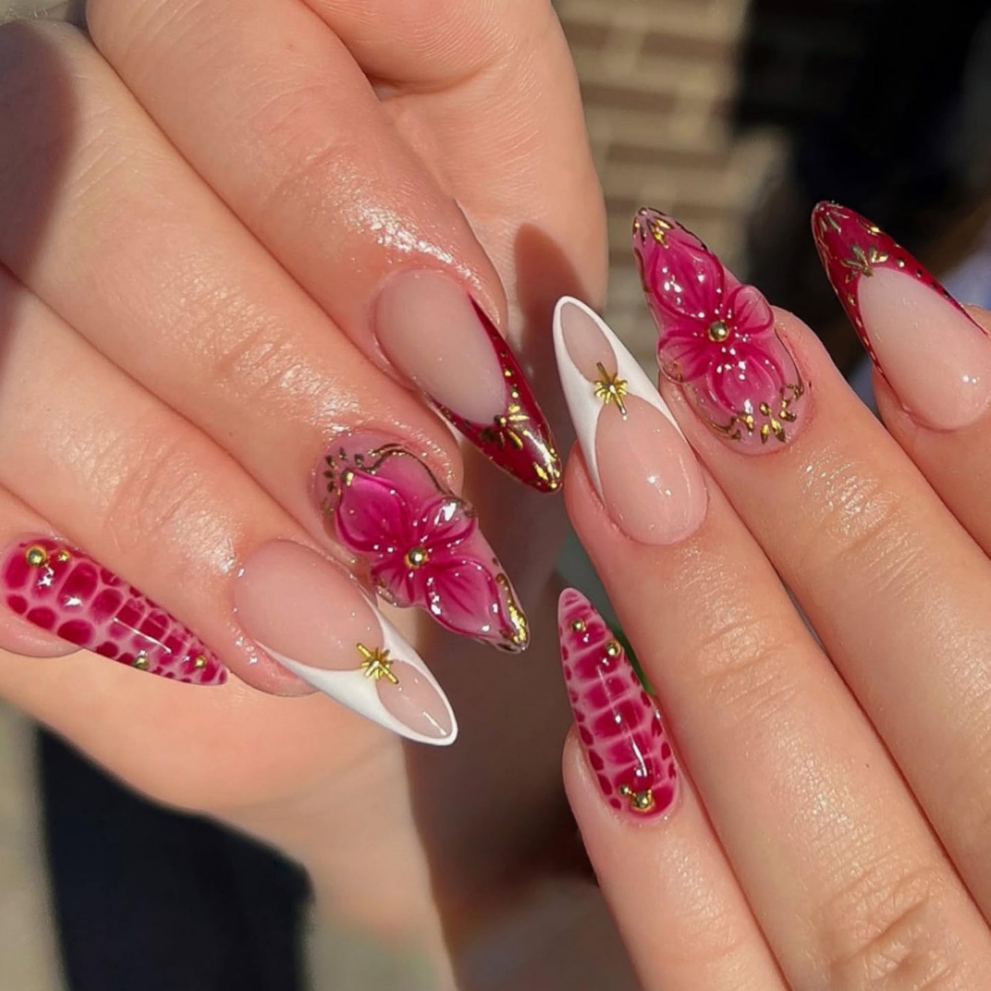 octoswave Press on Nails Long Almond Fake Nails Red French Artificial Nail with 3D Flowers Stick on Nail for Women 24pcs