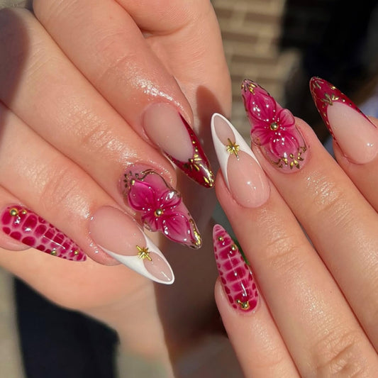octoswave Press on Nails Long Almond Fake Nails Red French Artificial Nail with 3D Flowers Stick on Nail for Women 24pcs