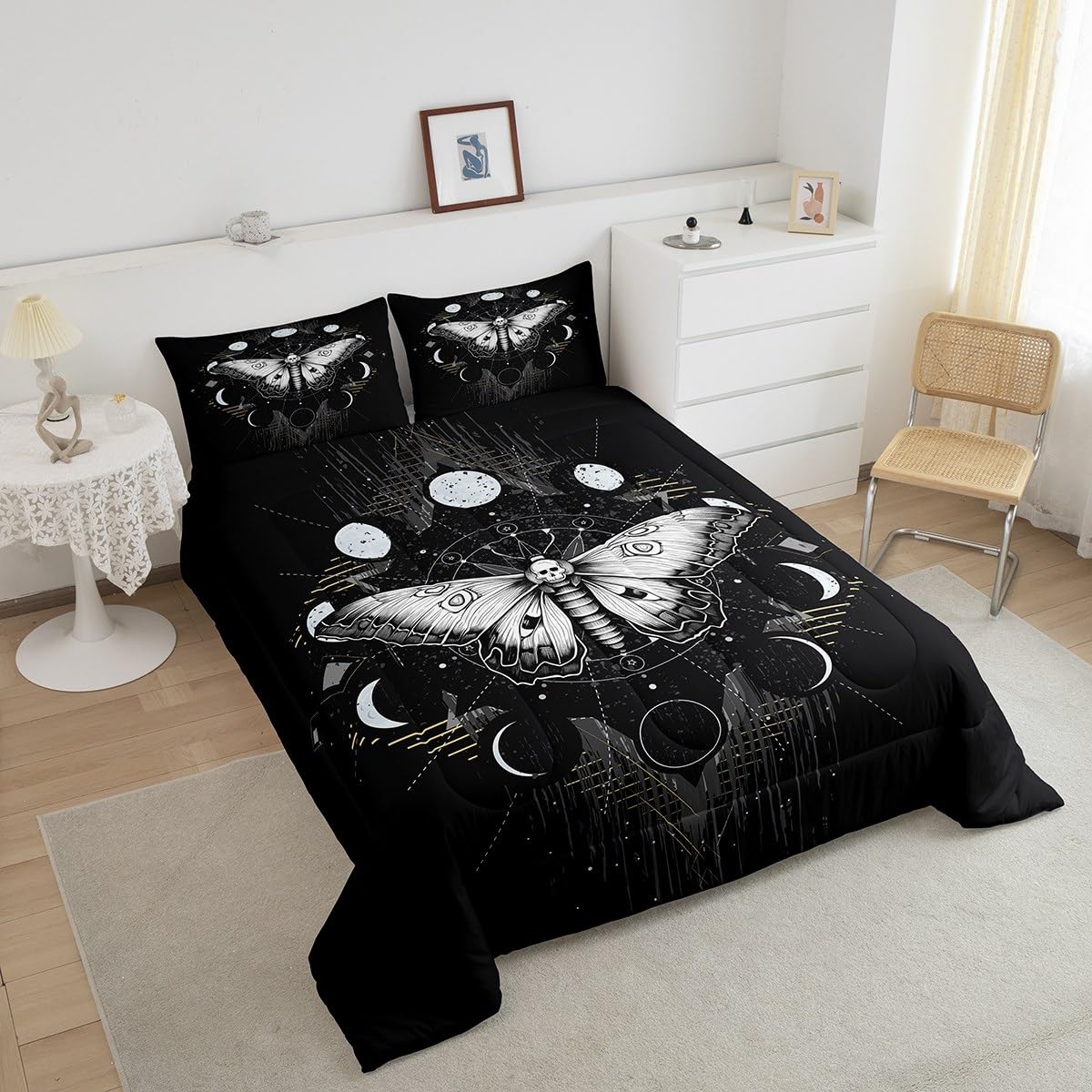 Manfei Death Moth Comforter Set Twin Size Galaxy Sun and Moon Duvet Insert Boho Gothic Skull Bedding Set 2pcs for Kids Boys Teens Room Decor Black and White Quilted Duvet with 1 Pillowcase