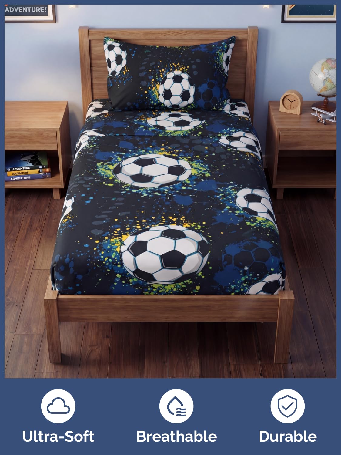 CGK Unlimited Kids Midnight Soccer Twin 3 Piece Sheet Set - Boys, Girls, Teens, Toddler - Easy Fit Deep Pockets - Soft, Cooling & Breathable Sheets - Cute, Cozy, Fade & Wrinkle Free - Machine Washable