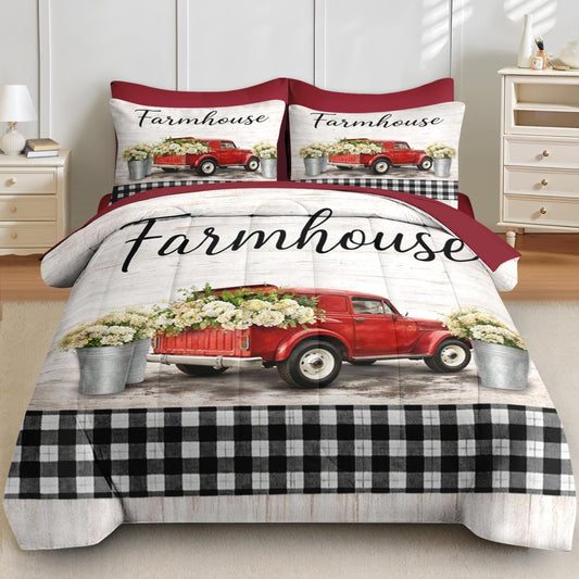 Boewywh 7 Pcs Comforter Set Queen Size, Farmhouse Truck Red Bedding for Kids and Adults, Floral Checkered Bed Sheet Sets with Fitted Sheet 2 Pillowcases & 2 Shams for Bedroom Bed Decor