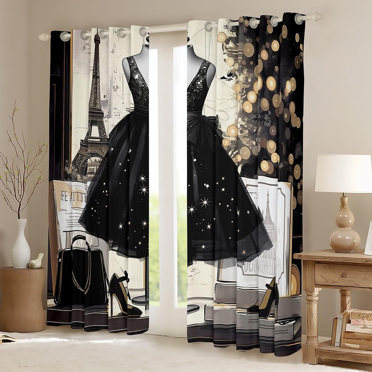 Black Dress Blackout Curtains Modern Fashion Curtains Eiffel Tower Paris Themed Bedroom Curtains Fashion Woman Dress Window Curtains Girls Black High Heels Romantic Makeup Decor Curtains,84"Wx63"L