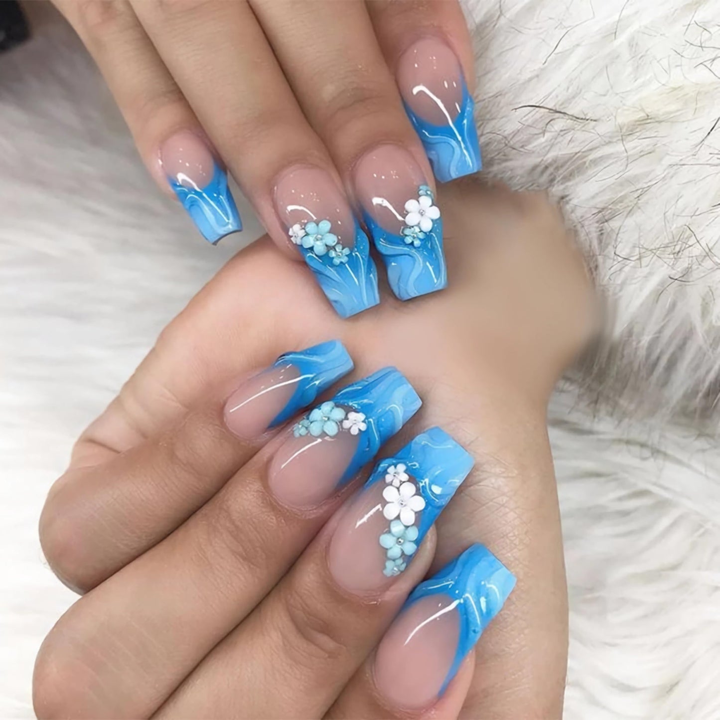 BABALAL Press on Nails Long Coffin Fake Nails Blue French Tip Glue ons with Flower Charm 3D Texture Handmade Design Supplies Art 24Pcs Glossy Manicure Full Cover Acrylic False Nails