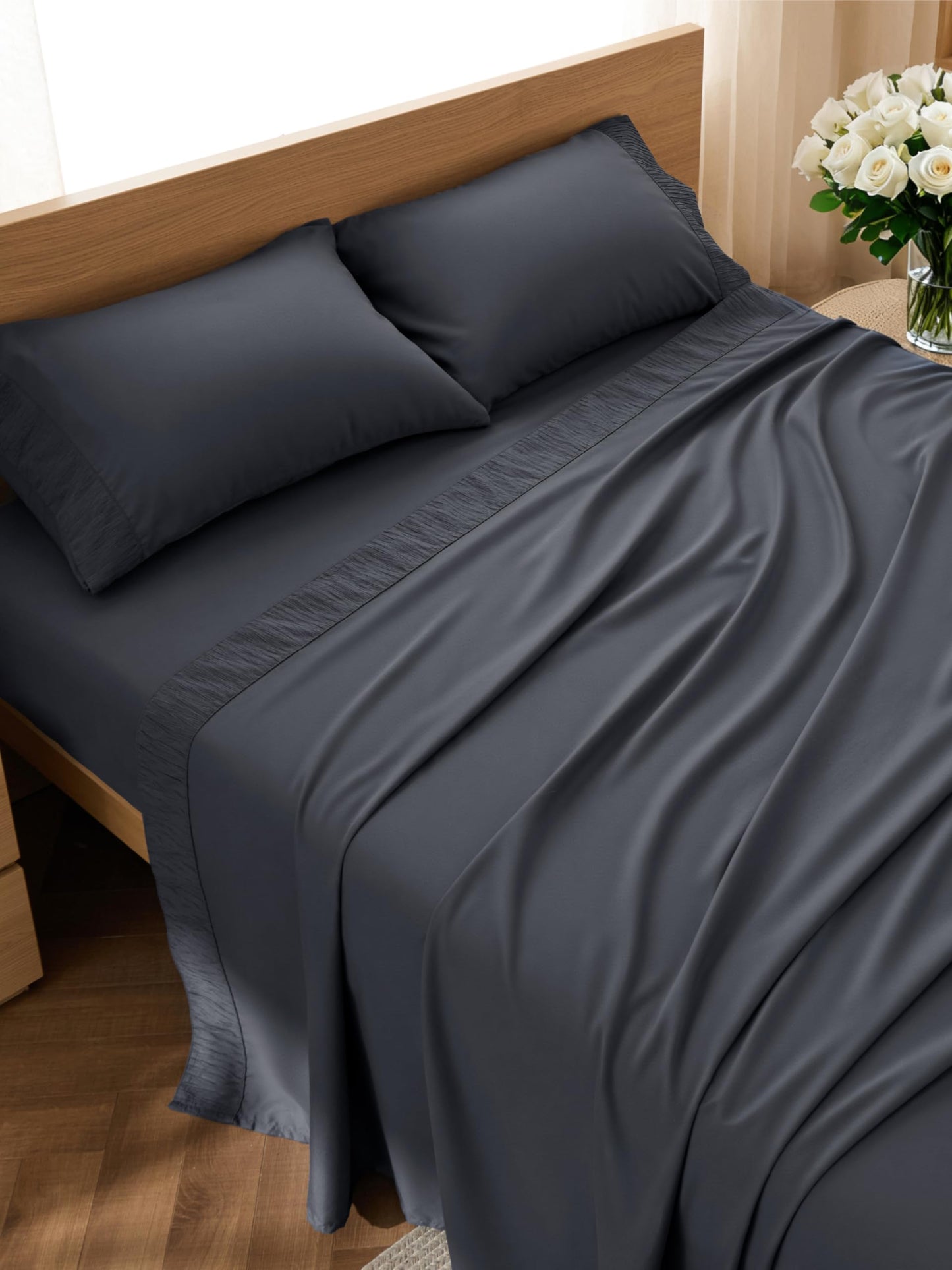 Bedsure Queen Sheet Set - 4 Pieces Soft Queen Size Sheets - Breathable & Cooling - Hotel Luxury - Easy Care Polyester Microfiber Bedding for Kids, Women, Men, Dark Grey