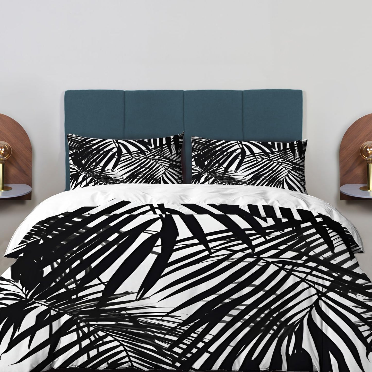 BaoNews Black White Foliage Plants 100% Cotton Duvet Cover Set Full Size, Palm Leaf Bold Lines Tropical Theme Bedding Sets Soft Comforter Cover with Zipper Closure and 2 Pillowcases(No Filler)