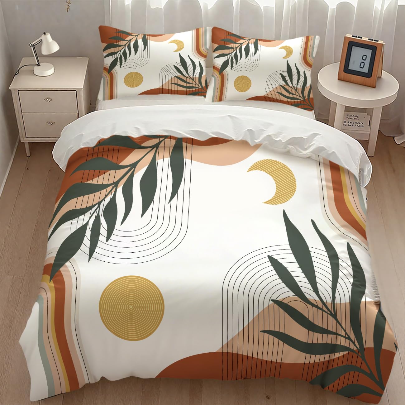 Lnepty Boho Leaf Bedding Set,Mid Century Palm Tropical Leaf Abstract Geometric Modern Minimalism Comforter Set with Pillowcase for Bedroom Bed Decor，Twin 86"x70"