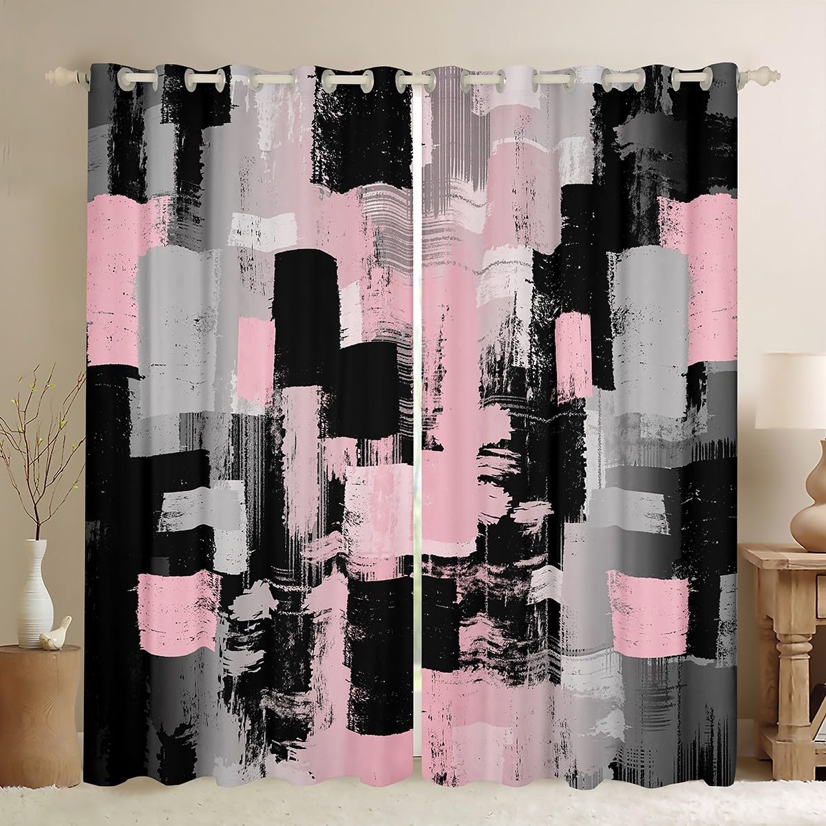 jejeloiu Kids Abstract Curtains for Bedroom Living Room (2 Panels, 42 x 84 Inch) Vintage Messy Rust Darkening Drapes Modern Art Blackout Curtains Teal Pink and Black Window Treatments