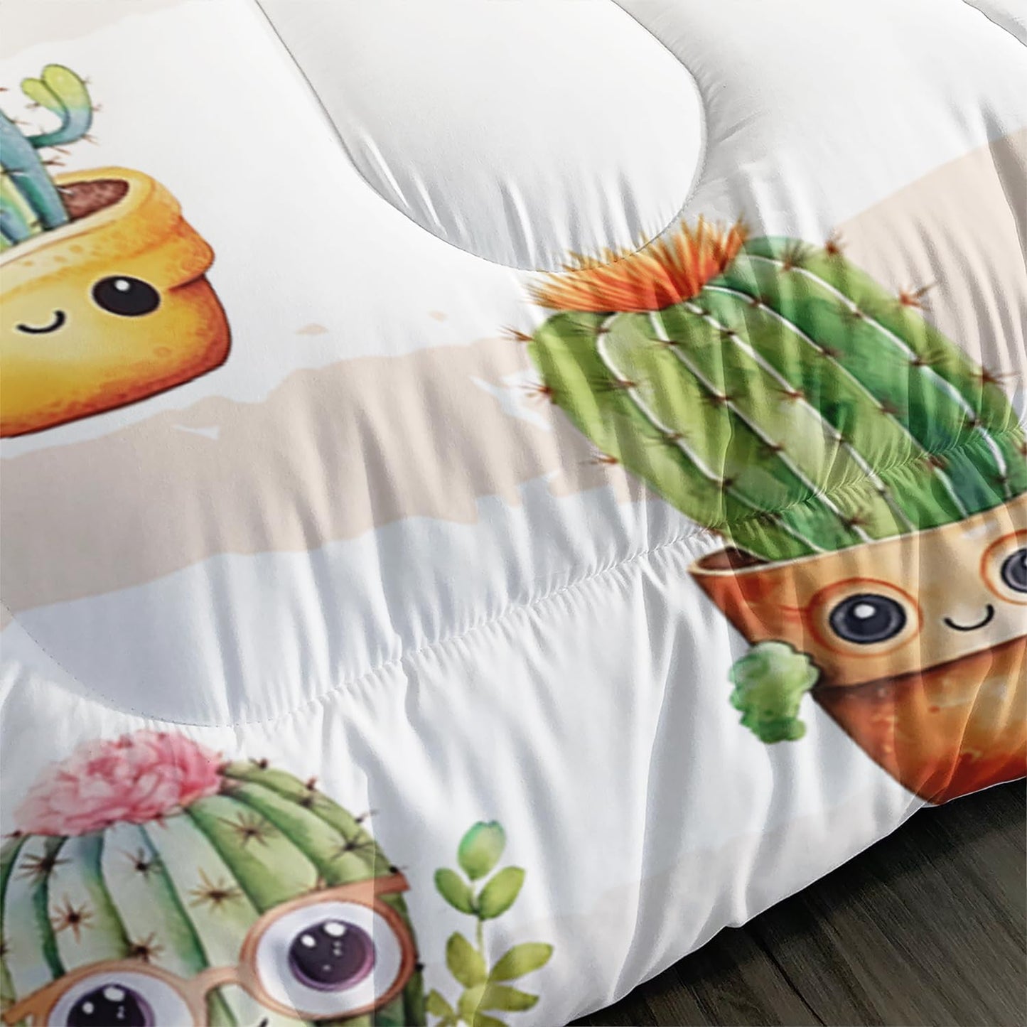 AILONEN Cute Cactus Comforter Set Queen Size, Funny Cartoon Style Succulent Plant Bedding Set for Kids Girls,Mexican Nature Hipster Humor Print Bed in a Bag,1 Quilt Set 2 Pillowcases,3 PCS