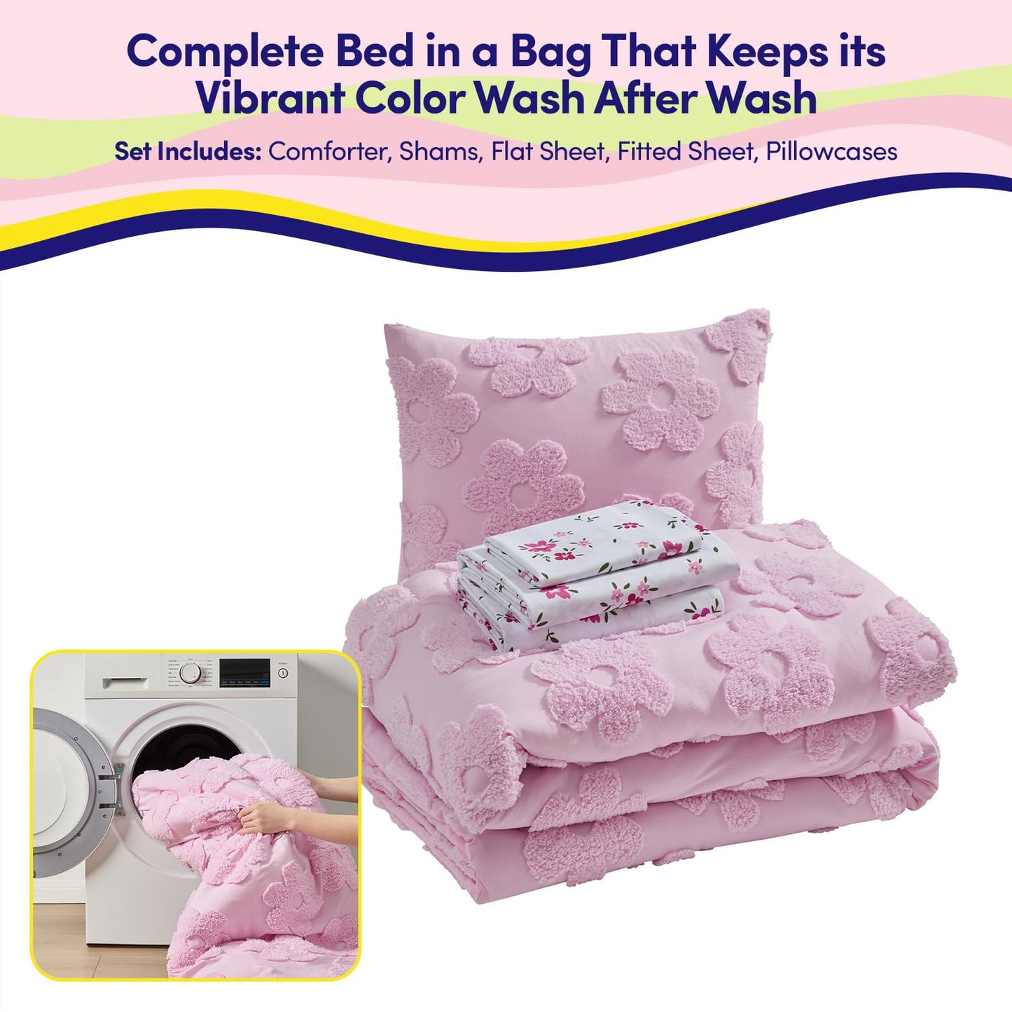 Kids Twin Size Bed in a Bag Tufted Comforter & Sheet Set – Complete Bedding Set with Corner Strap Fitted Sheet, Ultra Soft Lightweight All Season Comforter, Girls Bedroom, Dorm, Guest Room