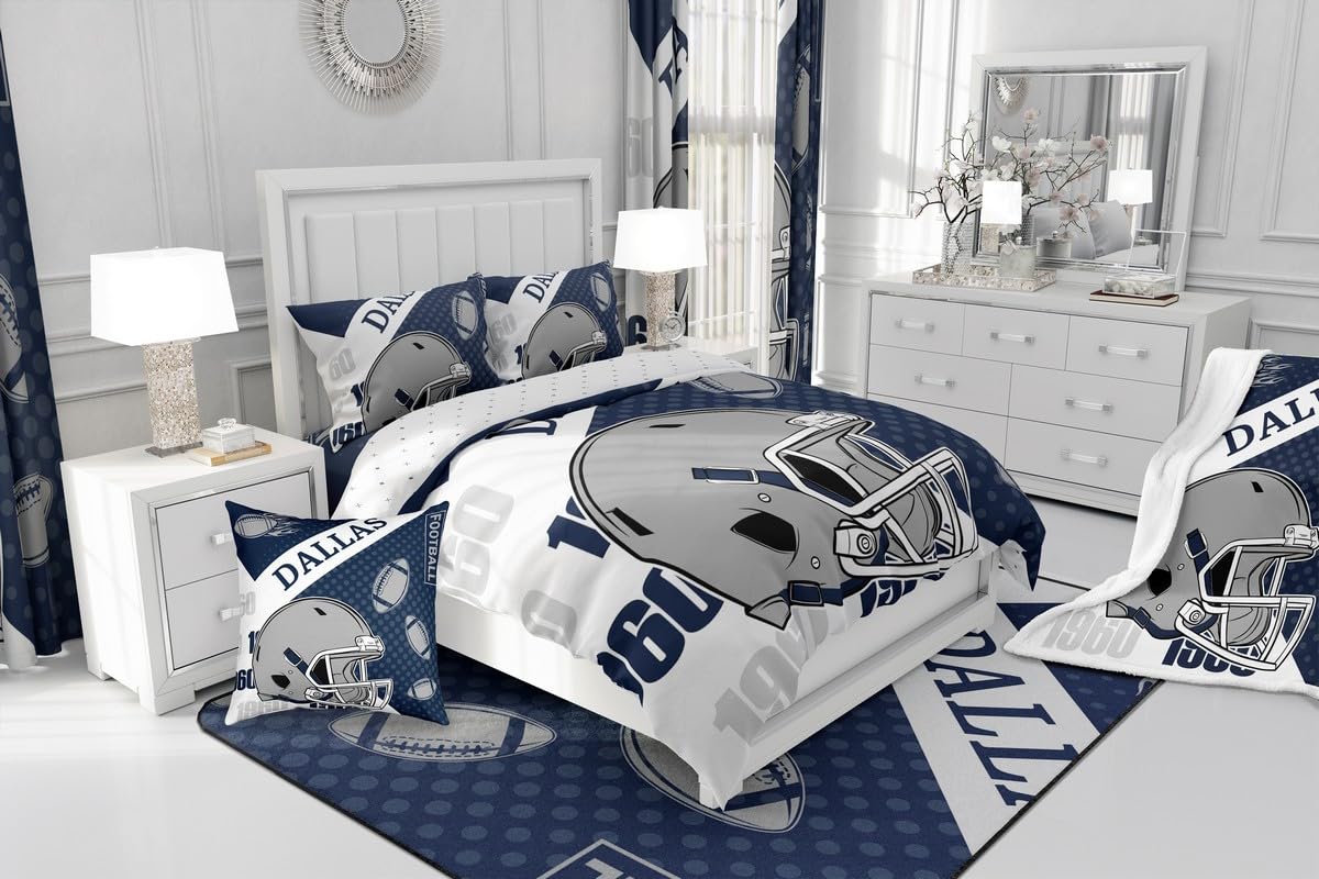 Feelyou Football Bedding Set Soft for Boys Girls, Dallas Comforter Set Full Size Football City Duvet Quilt Microfiber Bedroom Decor 3 Pcs with 2 Pillow Cases