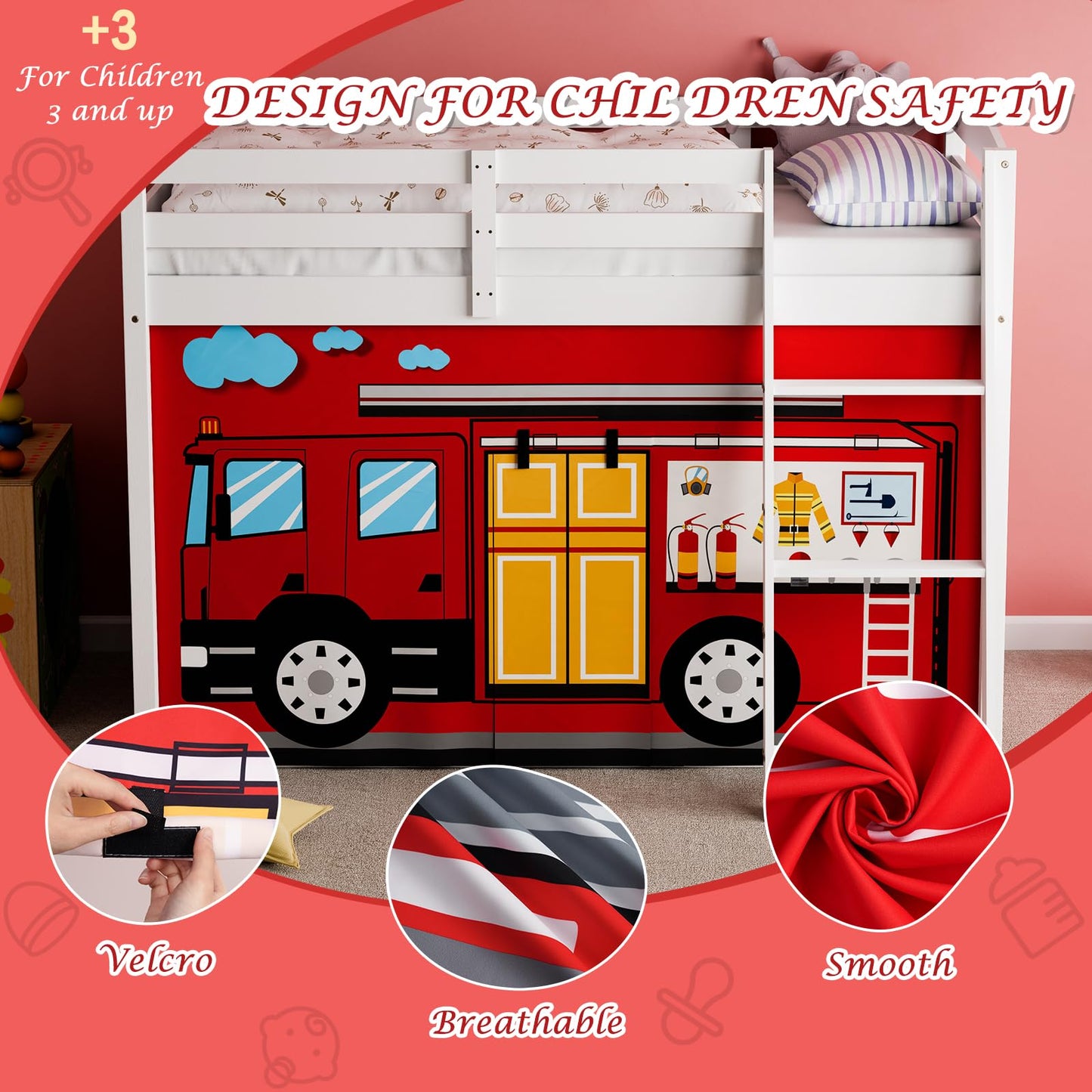 YRDKB Fire-Truck Bunk Bed - 33H Curtains Premium and Customizable Cartoon Loft Bed Curtains for Children to Enhance The Imaginative Creation Bedroom Curtains(3PCS,Twins)