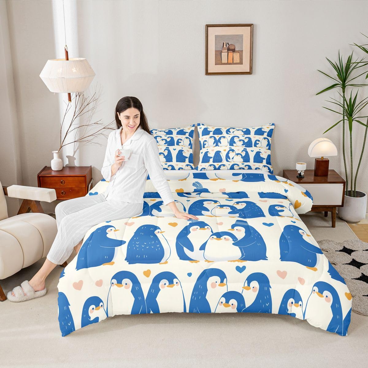 Erosebridal Kawaii Penguin Bedding Set Queen Blue Cute Penguins Comforter Set for Kids Boys Girls Antarctic Wild Animal Print Down Comforter,Yellow Love Heart Pattern Quilt Duvet