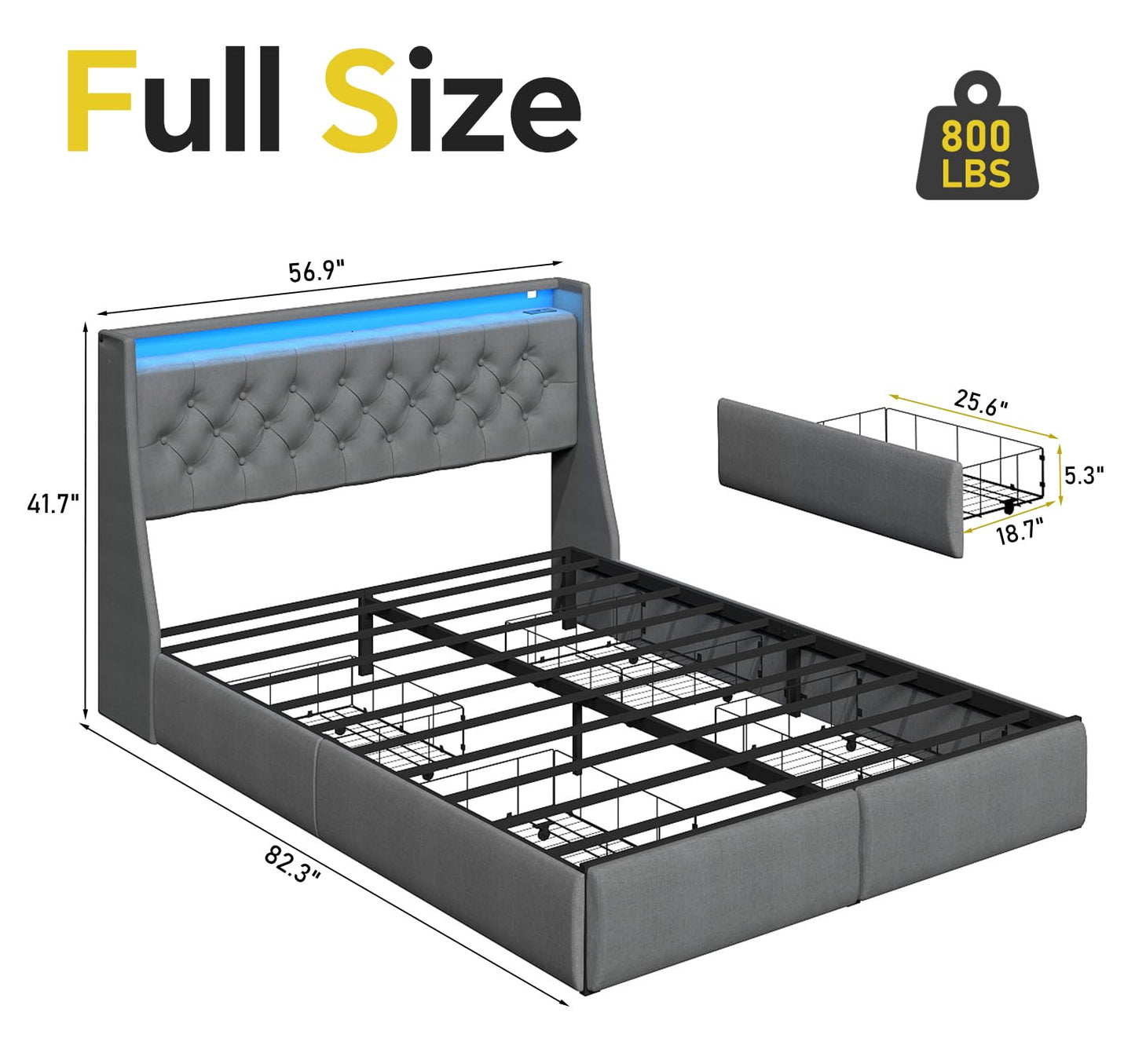 SADENICEL Full Size Bed Frame with Storage Headboard and 4 Drawer, Metal Full Bed Frame Platform with LED Light, Charging Station, No Box Spring Needed, Noise Free, Easy Assembly, Grey