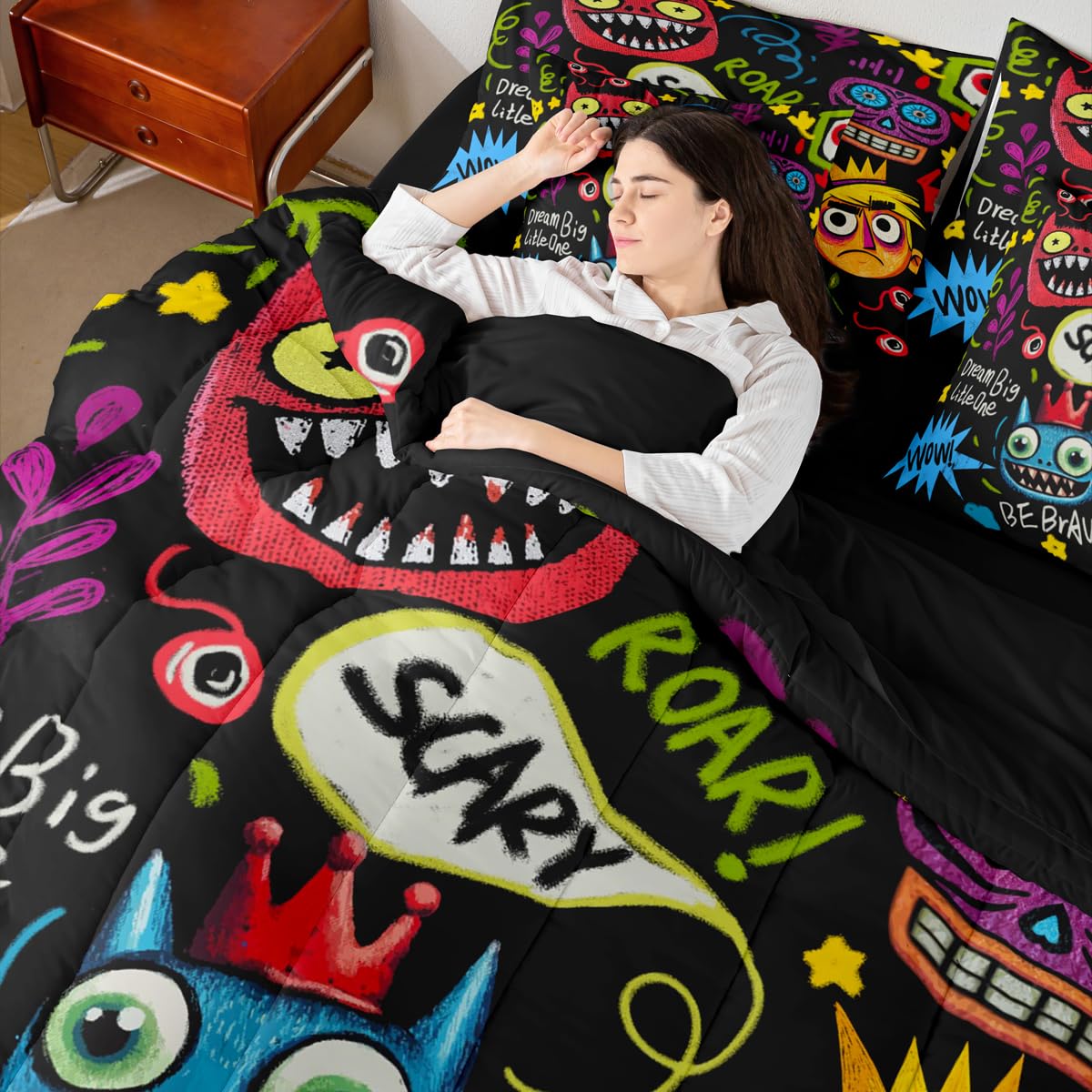 jejeloiu Hippie Graffiti Style Comforter Set Twin Size 7 Pieces Hip Hop Decor Bedding Set for Kids Boys Girls Street Culture Bed in a Bag Bedroom Decor All Season Quilted Breathable Soft Lightweight