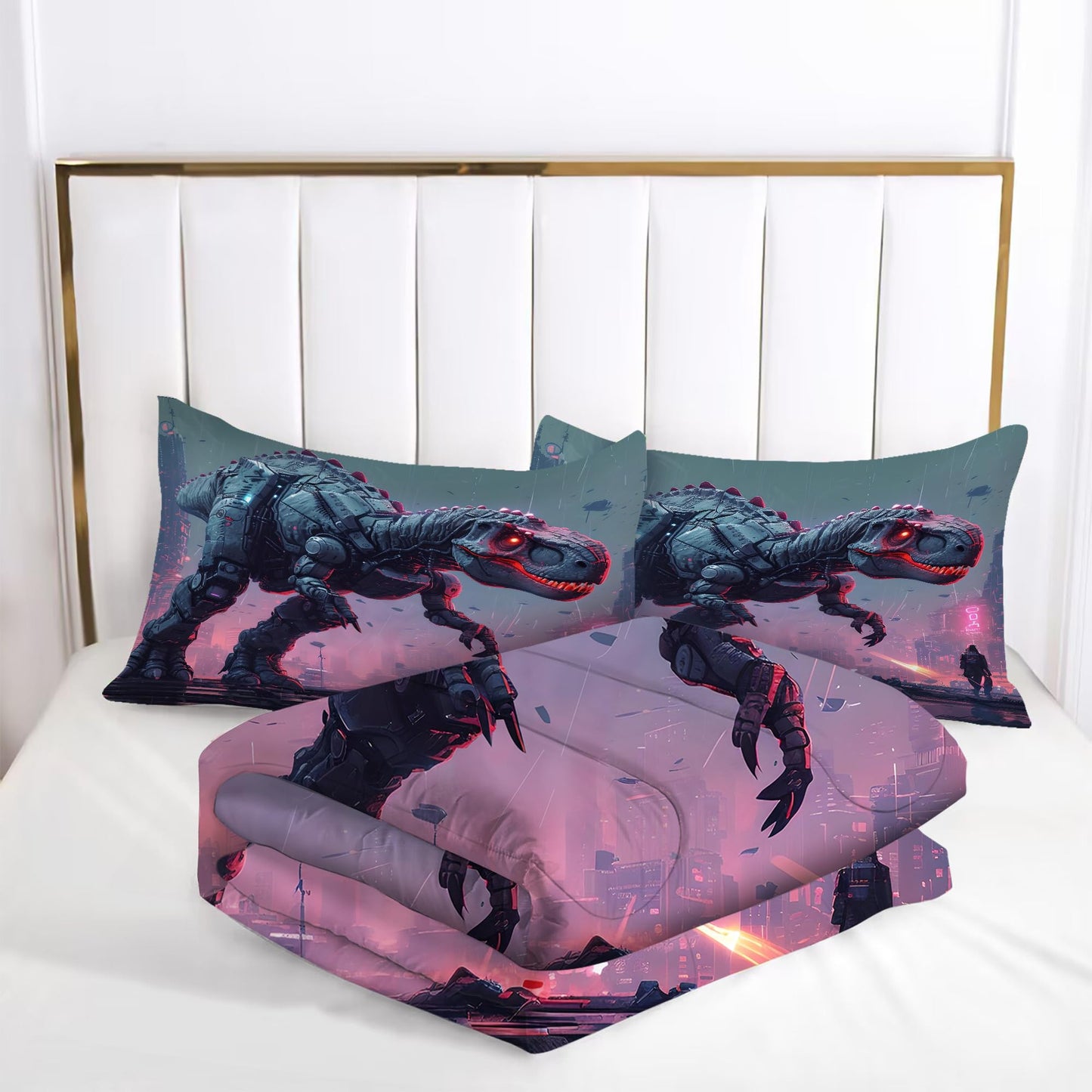 VTKON Kids Dinosaur Comforter Set Queen Size Dino Bedding Set for Kids Teens 3D Printed Neon Dino Comforter Sets 3 Pcs Soft Microfiber Boys Bedroom Decor