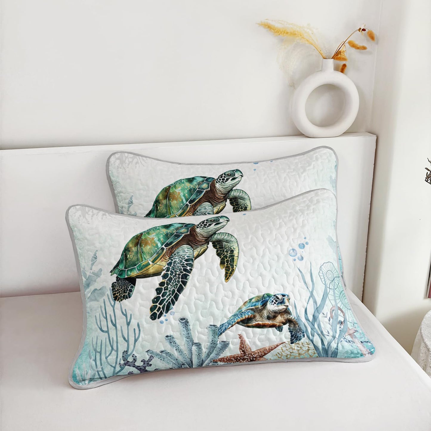 AILONEN Sea Turtle Bedding Quilt Set King Size,Teal Blue Ocean Beach Coastal Bedspread Coverlet,3 Pieces Soft Lightweight Quilt & 2 Pillowcases