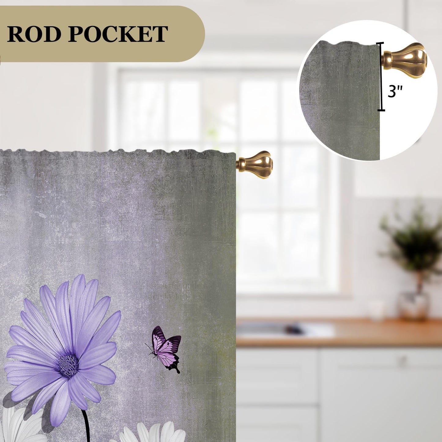 Cizuug Purple Daisy Rustic Farmhouse Kitchen Curtains Watercolor Floral Flower Small Short Cafe Window Curtains Butterfly Country Bathroom Drapes Treatment Tier Curtains 2 Panels