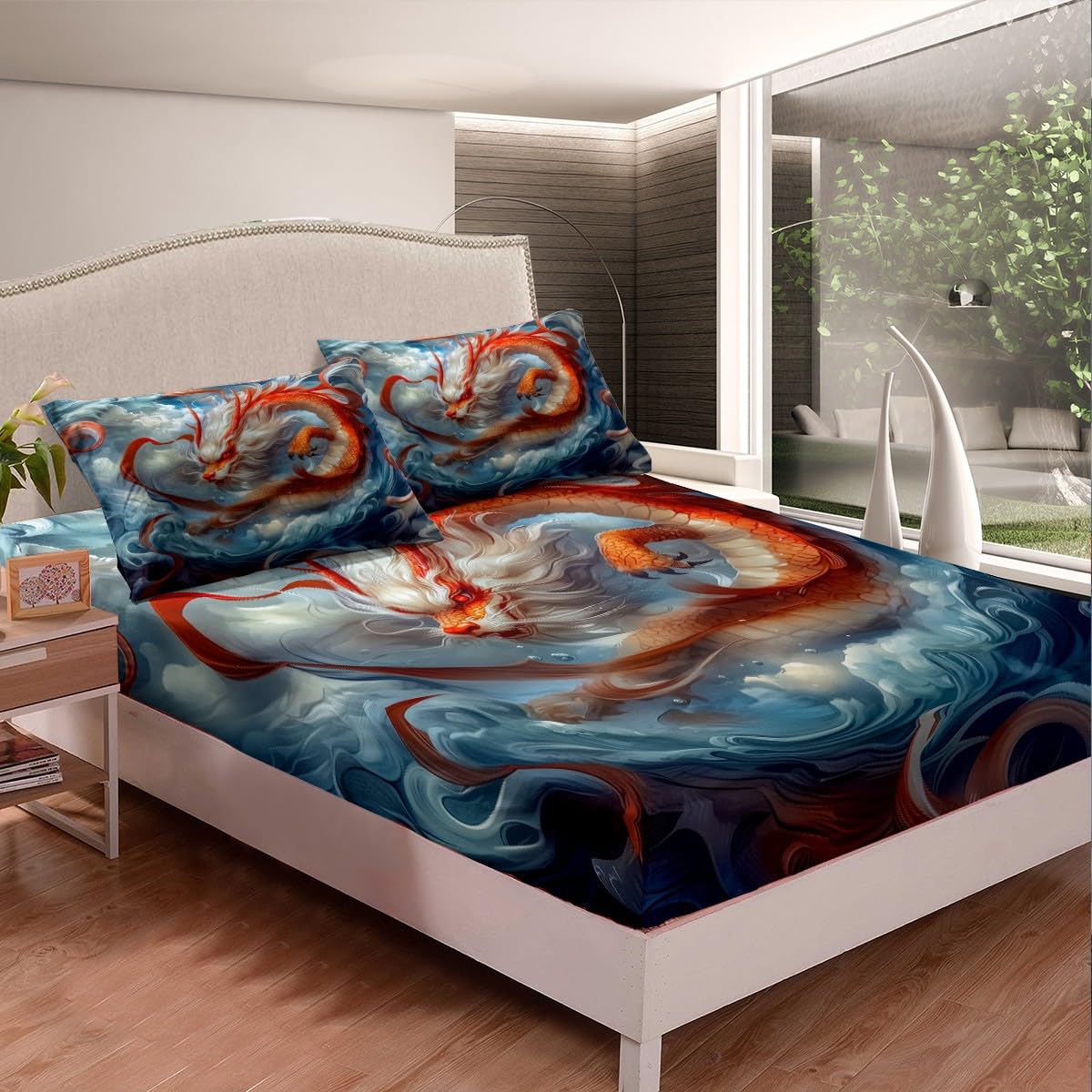 Feelyou Dragon Monster Bedding Sheets Full Red Mighty Dragon Bed Sheet Set for Adult Kids Classical Monster Fitted Sheet Wild Animal Bed Cover 3Pcs,1 Fitted Sheet+2 Pillow Sham（No Flat Sheet）