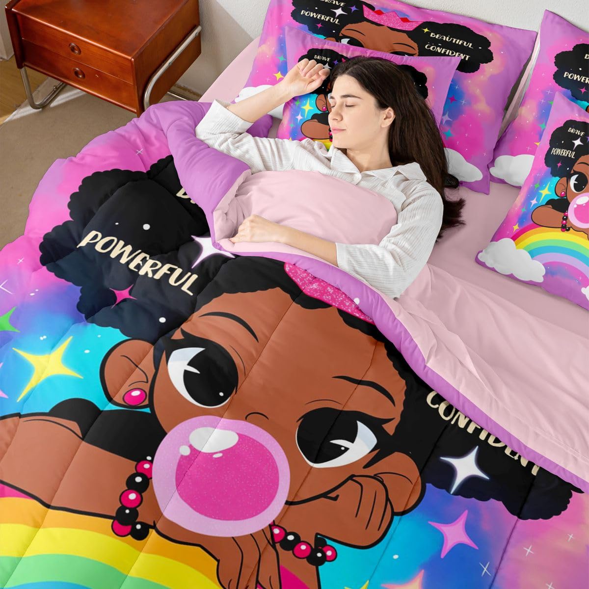 Erosebridal Black Girls Magic Queen Bedding Set Coloful Rainbow Comforter Set with Flat and Fitted Sheet Teen Kids Trendy Glitter Stars Print 7-Piece Bed in a Bag Empowering Quote Quilt Sets
