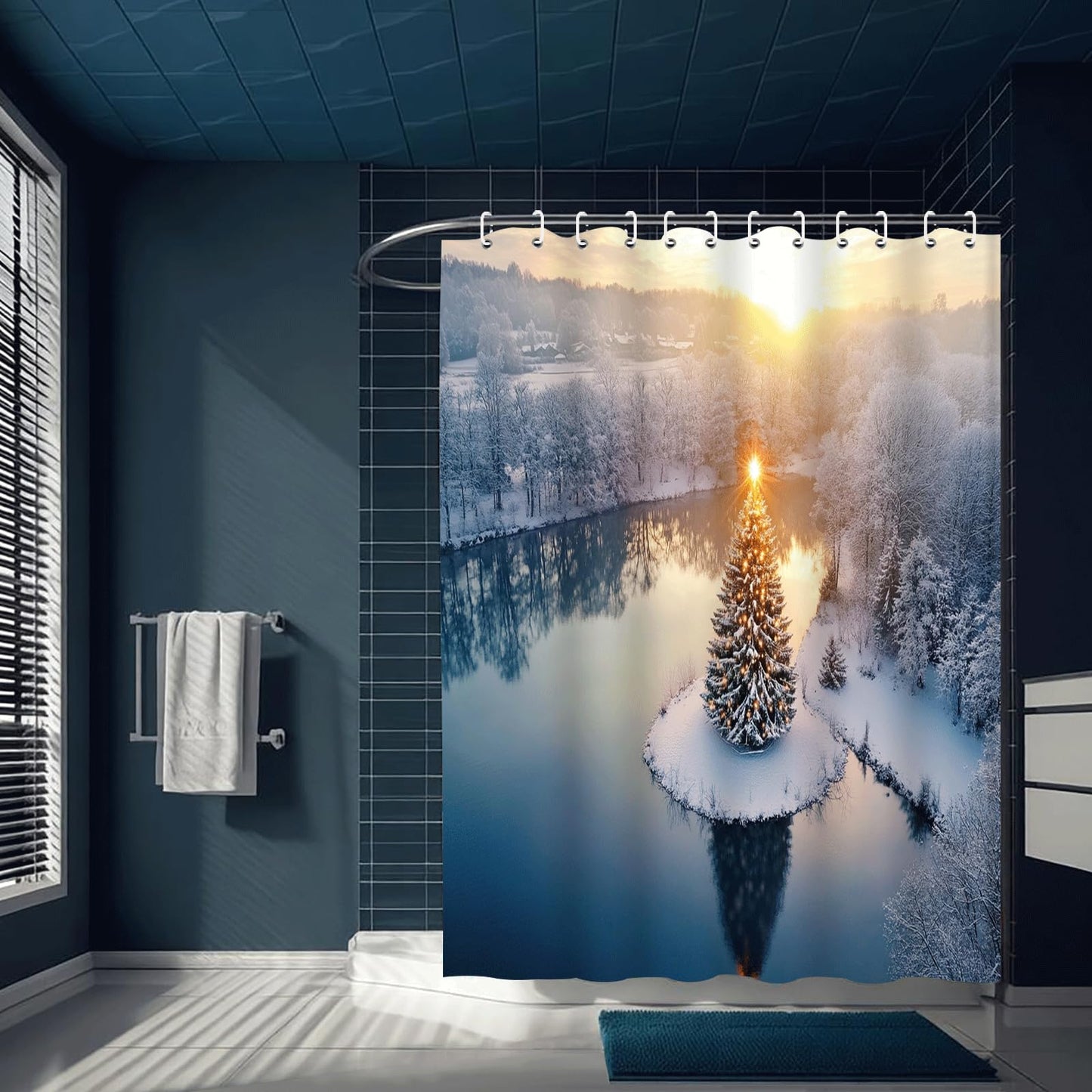 ZROLUW Christmas Snow Scene Shower Curtain,48" W x 72" L Shower Curtains for Bathroom, Fabric Bath Curtain Sets Decor with Hooks
