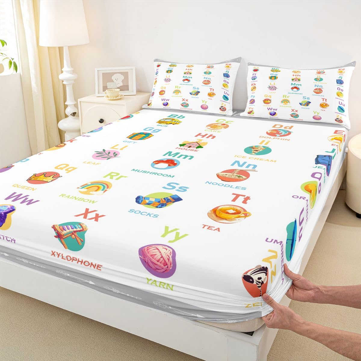 ABC Alphabet Fitted Sheet Twin Size, Cartoon Bedding Set Numbers Bed Sheet Set Kids Toddler Educational Learning Bed Cover with 1 Pillow Case (No Flat Sheet)