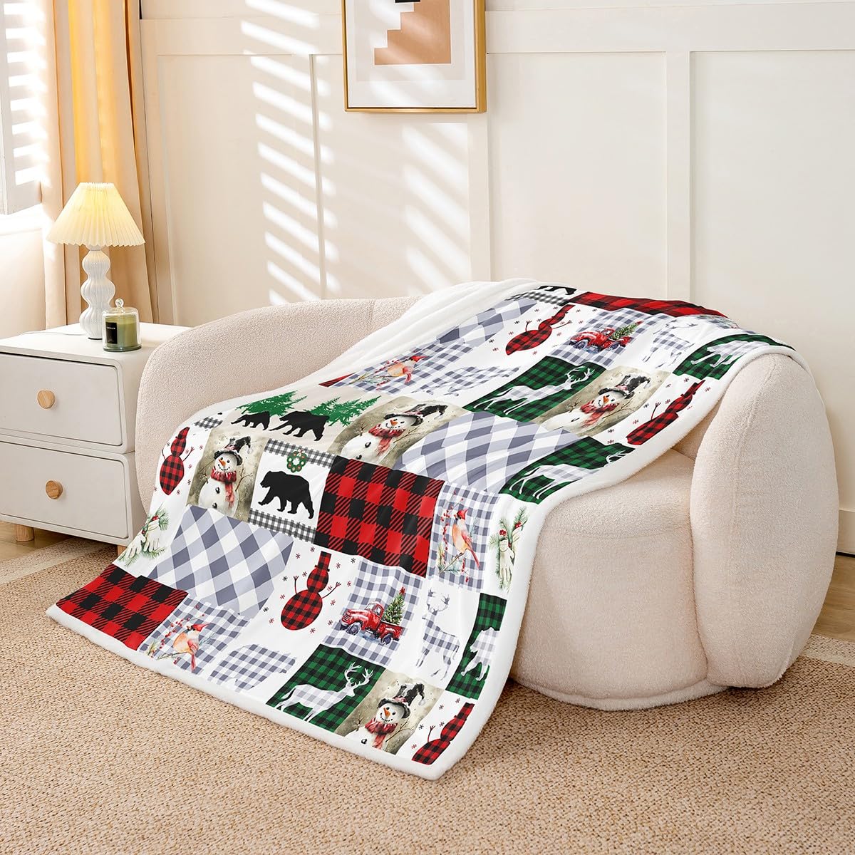Erosebridal Xmas Snowman Fleece Blanket Christmas Deer Sherpa Blanket 90"x90", Cute Bird Cardinal Rustic Farmhouse Country Grizzly Bear Fuzzy Plush Throw