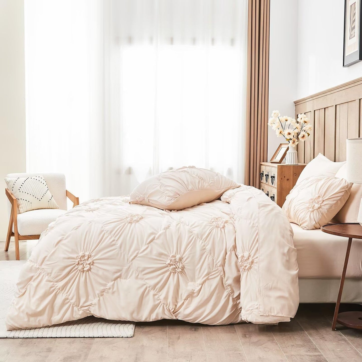 Jameswish Beige Comforter Set Queen Size Bed in A Bag 7 Piece Pinch Pleat Bedding Set, Pintuck Ruched Flowers Bed Set with Comforter, Sheets, Pillowcases & Shams
