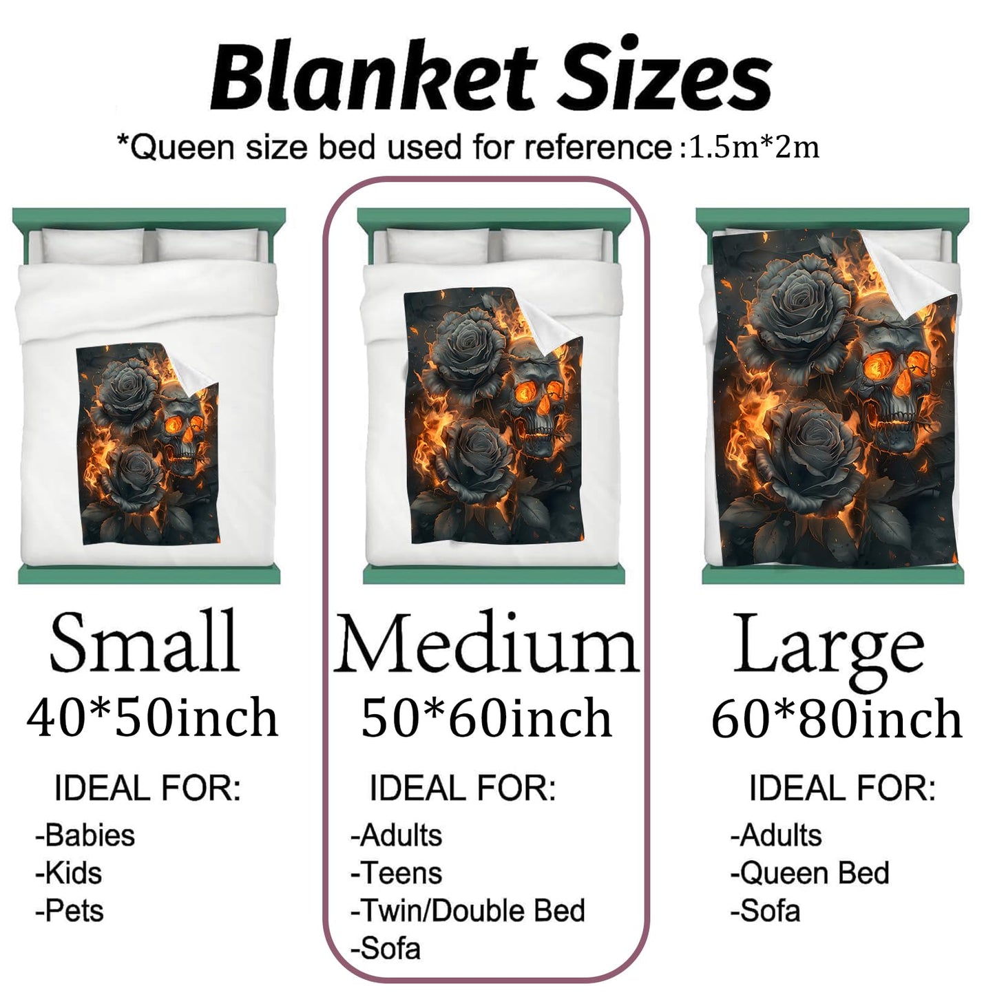 vnlvnl Gothic Skull and Black Rose Blanket Lightweight Flannel Blankets Gifts for Adults with Dark Fiery Art Printed Throw for Couch Chair Office Bedroom Autumn Halloween Decor, 60x50inch