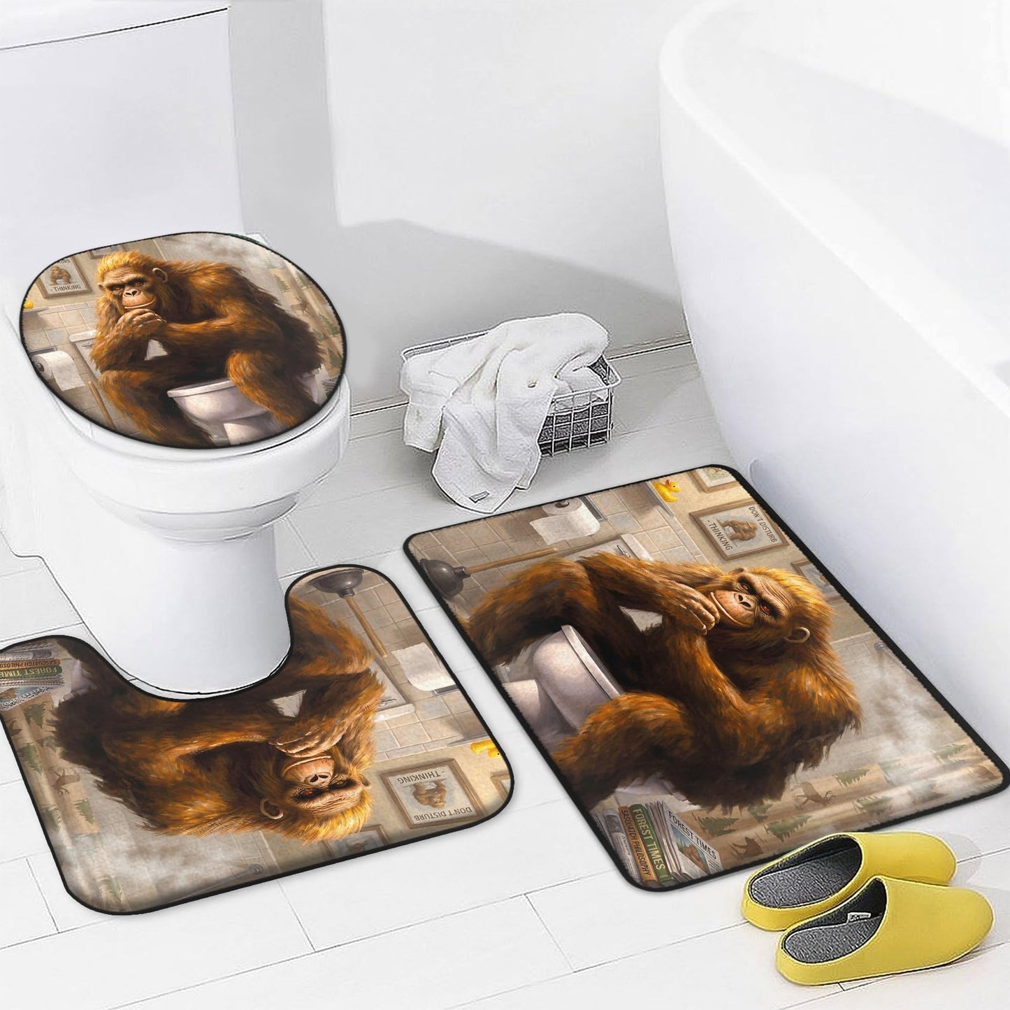 4 Piece Bigfoot Shower Curtain Sets with Non-Slip Bath Rugs, U-Shaped Mat & Toilet Lid Cover, 72x72 Inches Shower Curtain with 12 Hooks (Bigfoot Sitting On Toilet, Bigfoot Sitting On Toilet)