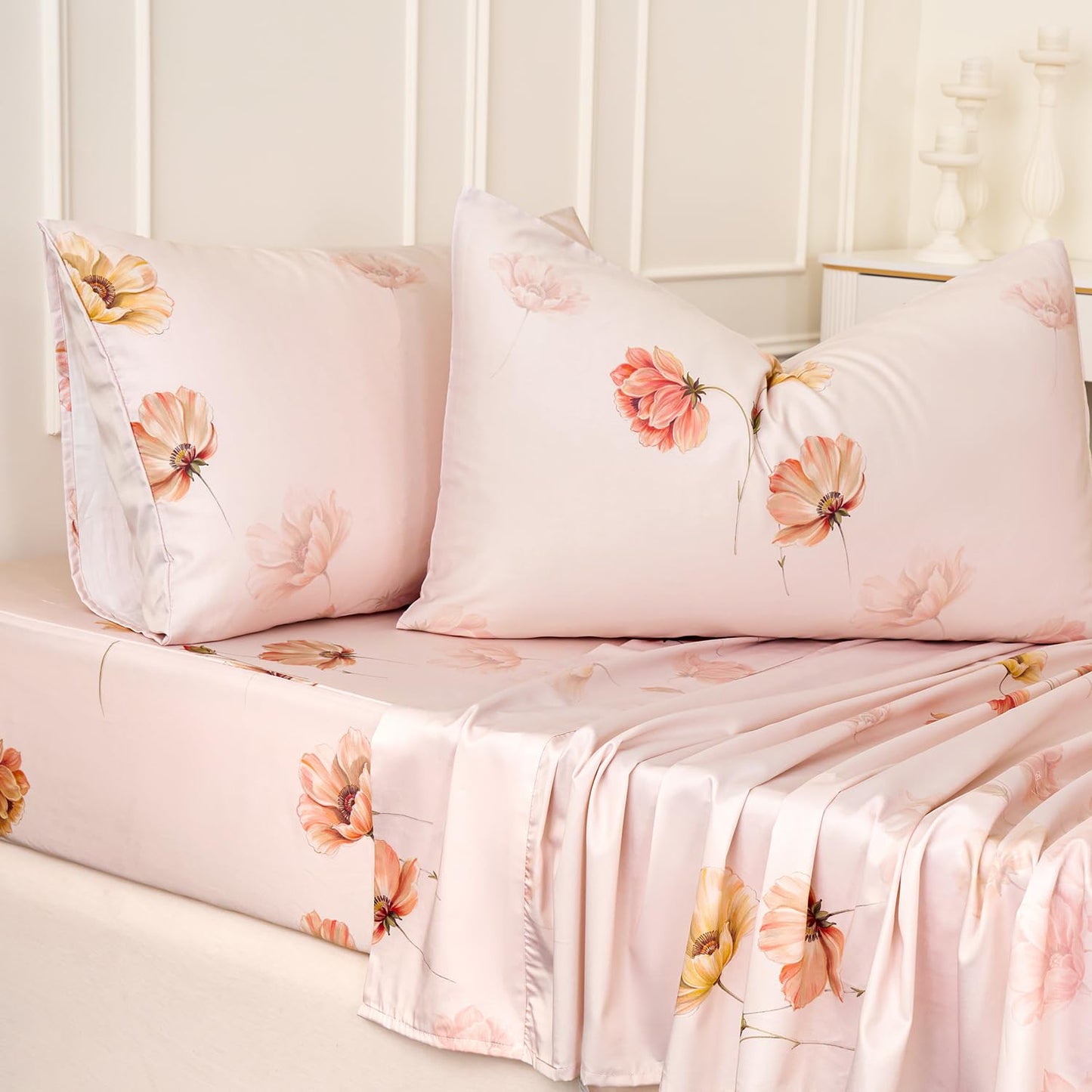 Huborise Blush Pink Floral Bed Sheets 100% Cotton Queen Size Sheet Set Satin Weave 4Pcs, Apricot Peach Flower Printed Bed Set with Deep Pocket 17.5", Soft Breathable & Crisp, Luxury French Country