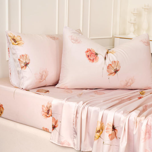 Huborise Blush Pink Floral Bed Sheets 100% Cotton Queen Size Sheet Set Satin Weave 4Pcs, Apricot Peach Flower Printed Bed Set with Deep Pocket 17.5", Soft Breathable & Crisp, Luxury French Country