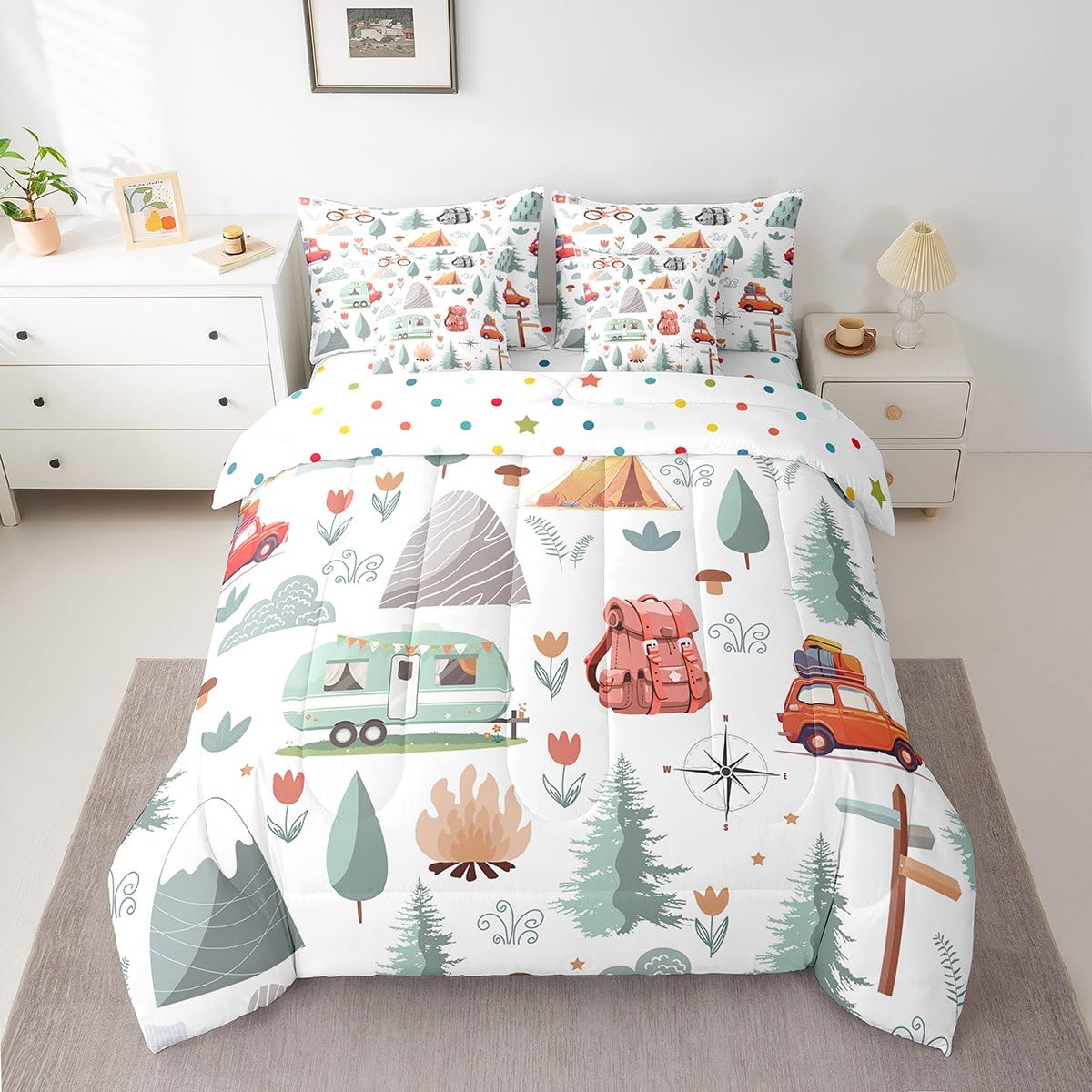 Erosebridal Kids Camper Theme 7 Pcs Comforter Set Twin Bed in a Bag,Happy Camping Bedding Set,Travel Car Rv Accessories Down Comforter,Botanical Flowers Mountain Adventure Quilt,Cute Camper Sheets