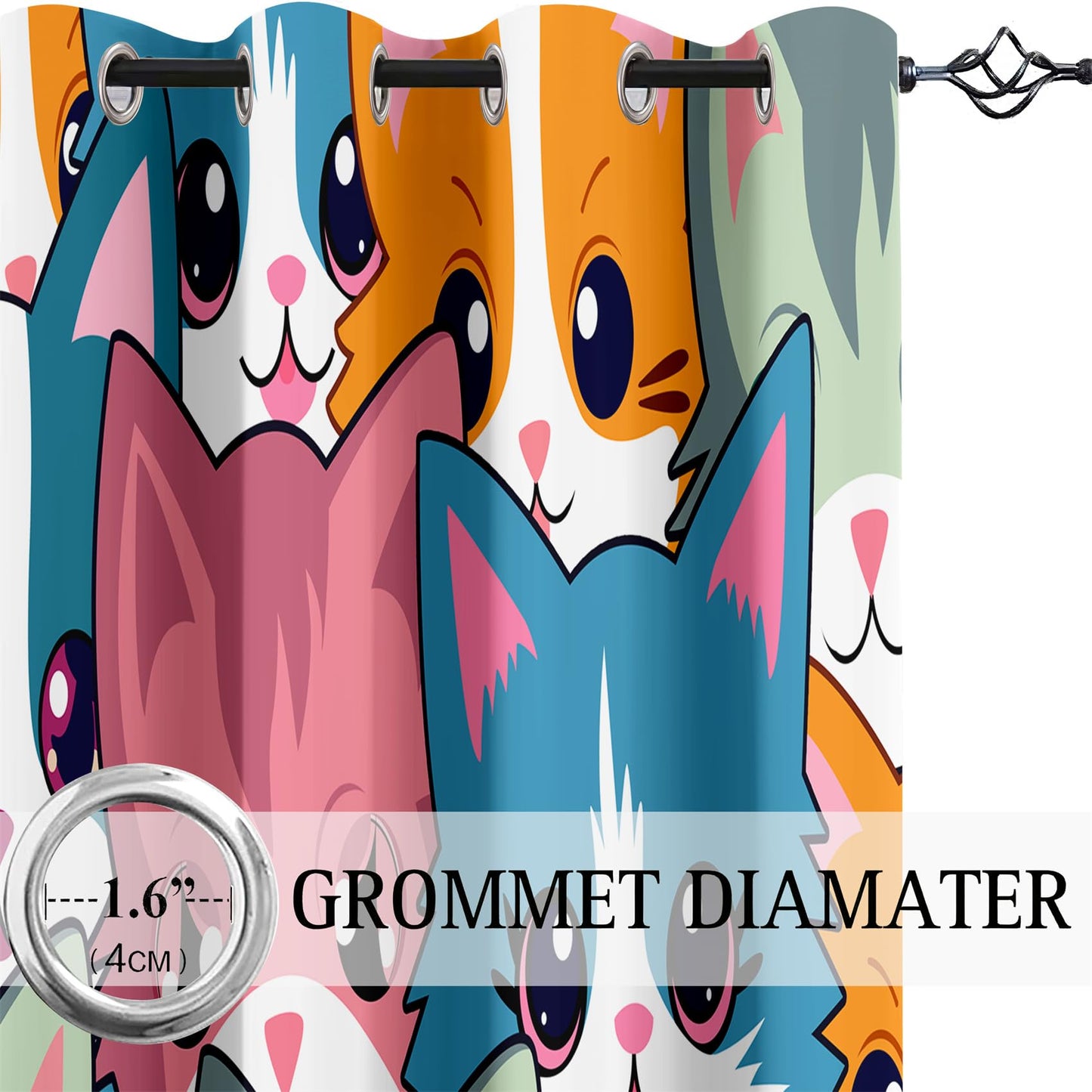 Kossmjx Cat Blackout Curtains for Girls - 2Pcs Cute Cartoon Cat Patterns Curtain Panels for Girls Bedroom Lovely Cats Drapes Darkening Window Curtain for Living Room Bedroom, 82" x 63"