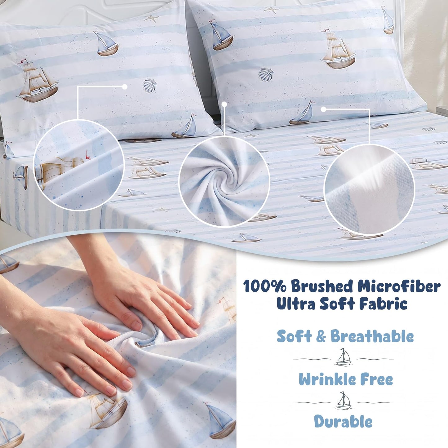 Nautical Boat Printed Twin Sheet Set for Boys,3 Pieces Sailboat Bed Sheet with Pillowcase 15-Inch Deep Pocket Fitted Sheet,Soft Microfiber Shell Starfish Bedding Set for Kids Toddlers Decor Bedroom