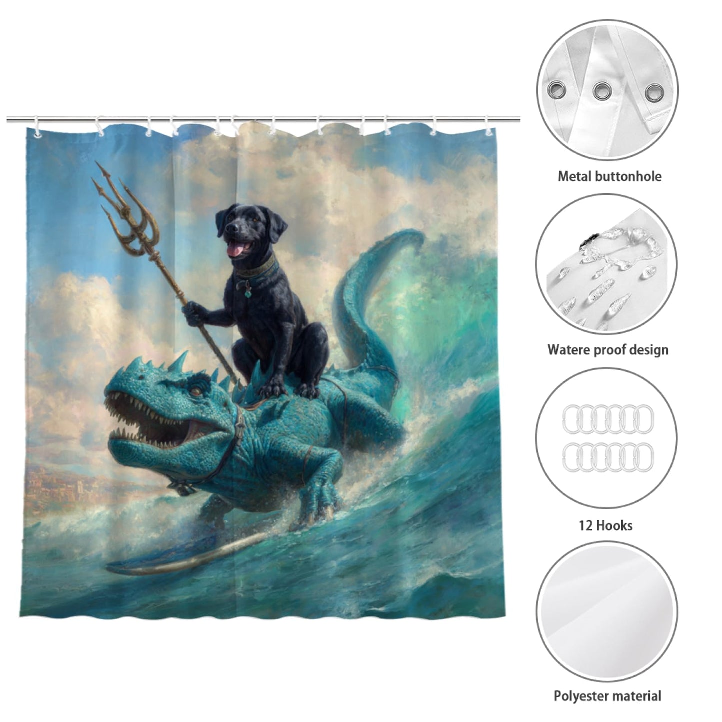 Wordatu Funny Black Labrador Dog Shower Curtain Cool Dog Dinosaur Ocean Wave Decor Fabric Bathroom Curtains, Kids Children Rustic 72x72 Inch