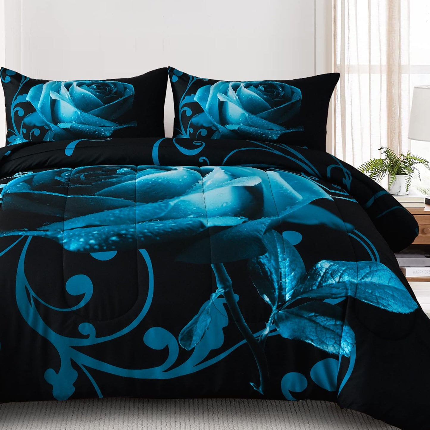 WONGS BEDDING Valentine's Day Teal Blue Comforter Set King Reversible Teal Blue Rose Pattern Printed Bedding Comforter Set with 2 Pillowcases, Soft Microfiber Filling Bedding Set 103"x90"